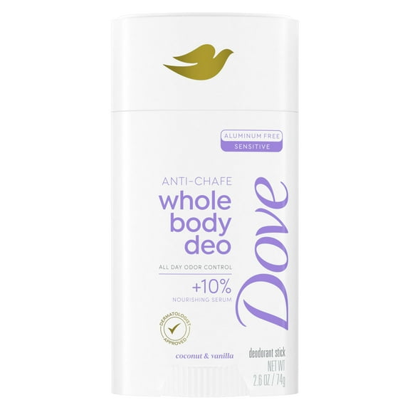 Dove Whole Body Deo Aluminum Free Anti-Chafe Deodorant Stick Coconut & Vanilla for 72h Odor Control 2.6 Oz