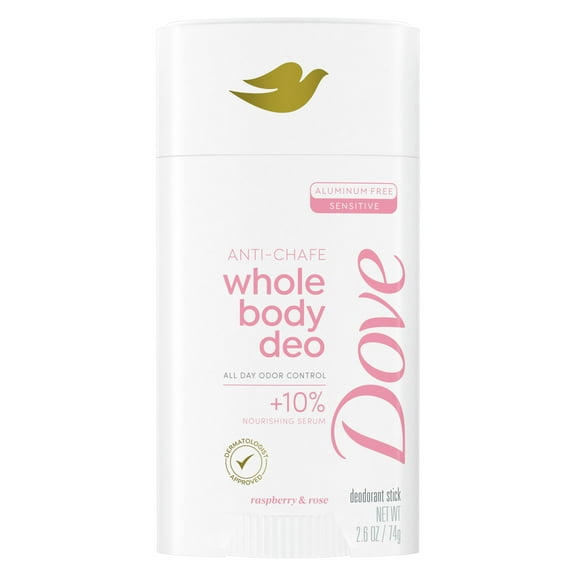 Dove Whole Body Deo Anti-Chafe Deodorant Stick for Women Raspberry & Rose Aluminum Free, 2.6 oz