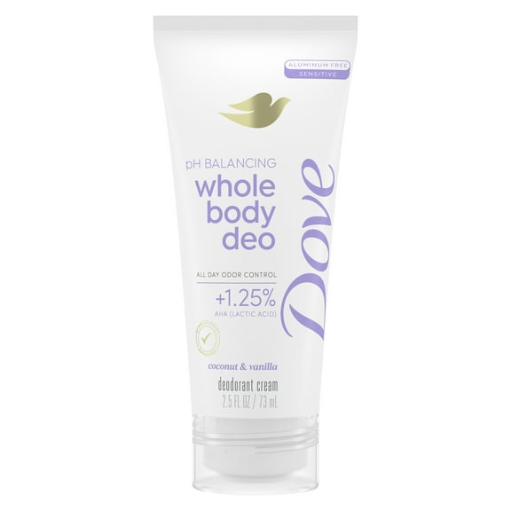 Dove Whole Body Deo pH Balancing Deodorant Cream for Women Coconut & Vanilla Aluminum Free, 2.5 oz