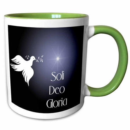 3drose, Dove with an Olive Branch, Bright Star and Soli Deo Gloria, Glory to God Alone. on Dark Blue Bk.., 11oz Two-tone Green Mug