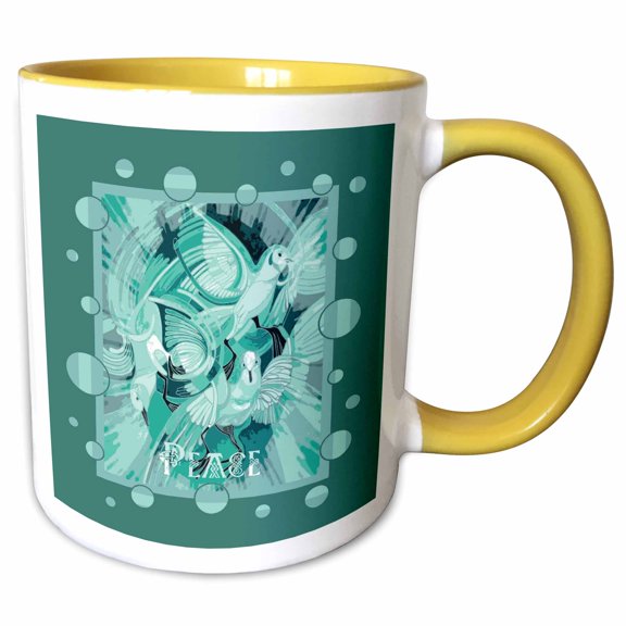 3drose, Dove with Celtic Peace Text in Teal Tones, 11oz Two-tone Yellow Mug