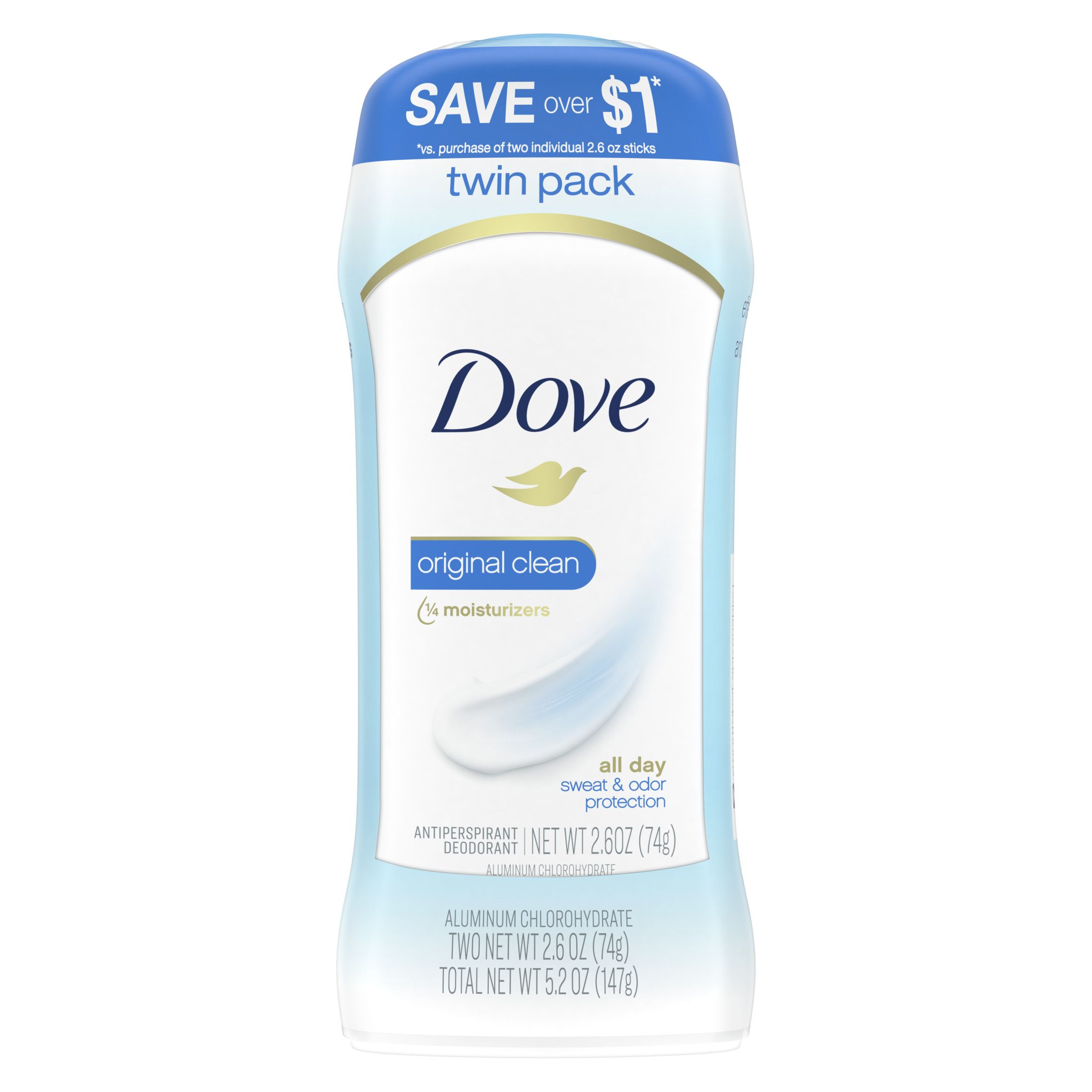 Dove Women's Antiperspirant Deodorant Stick Twin Pack, Original Clean, 2.6 oz - image 1 of 12