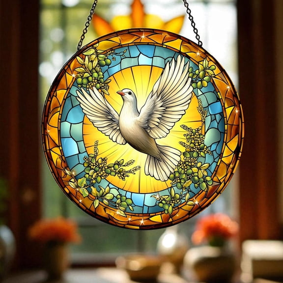 Dove and Golden Sun Glass Suncatcher, Peace Bird Window Art, Spiritual Faith Home Decor, 7.9 in