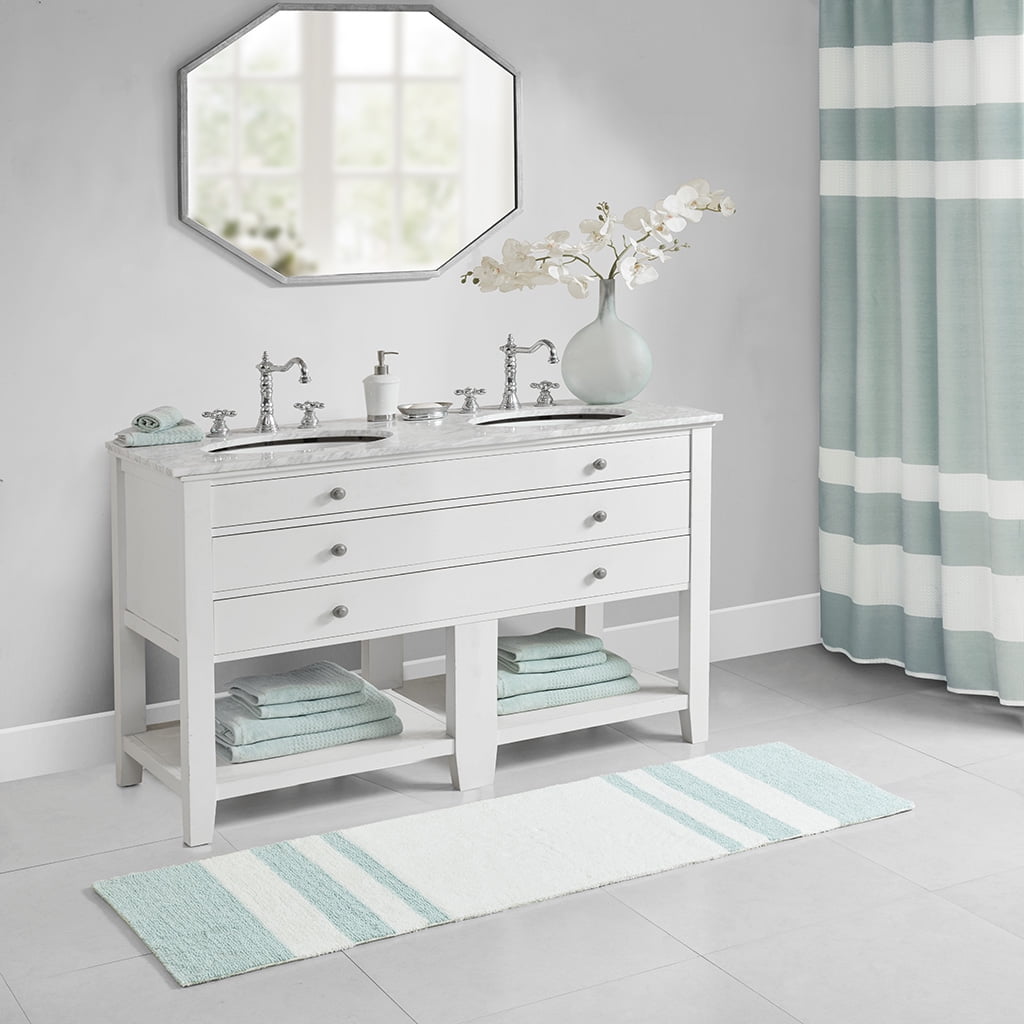 MAYEERTY 100% Medium Pile Cotton Reversible Bath Rug, Aqua, 24"W x 72"L