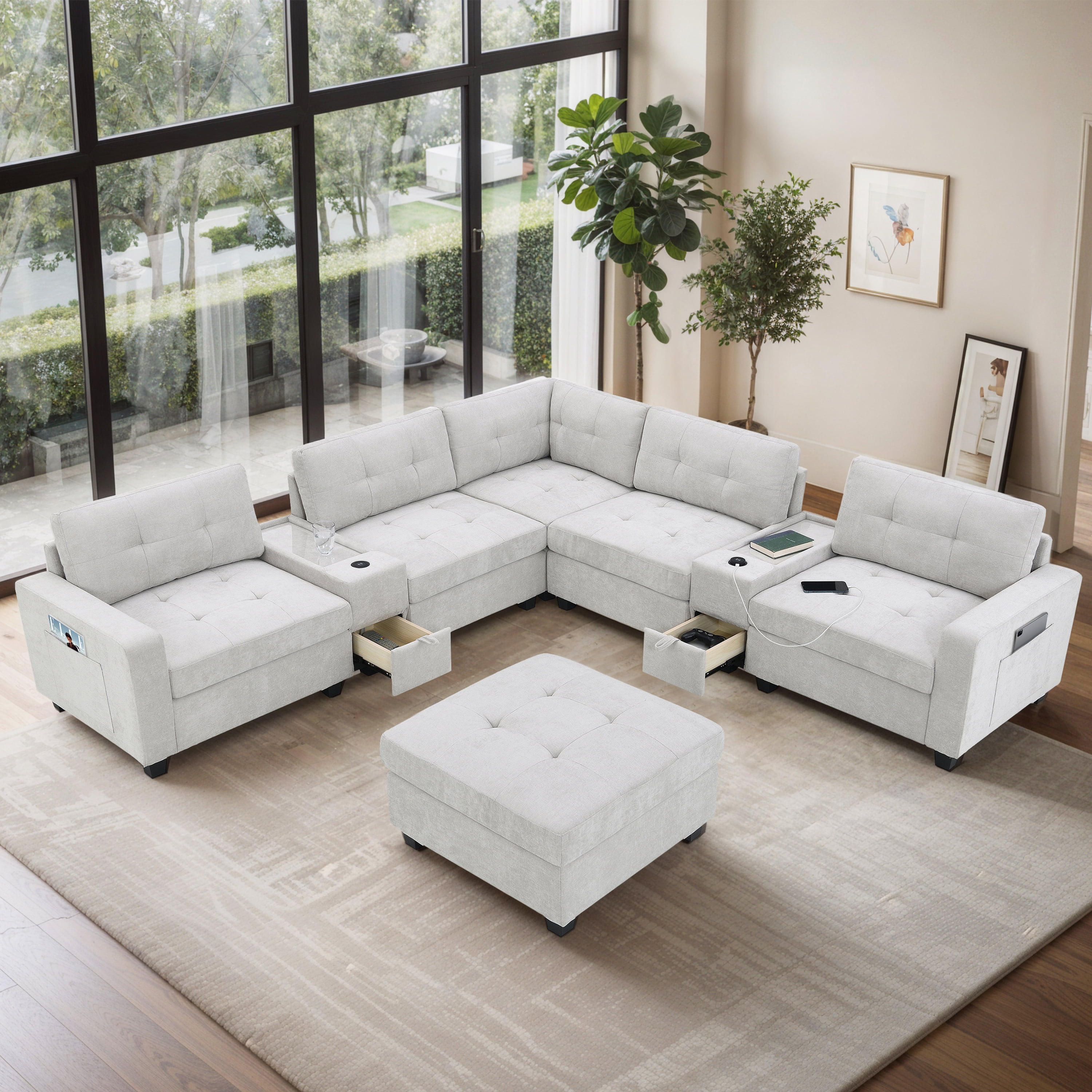 MAYEERTY 104" Sectional Sofa - Acrylic Table Top Chenille U-Shaped Couch with 2 Consoles/USB/Storage/Ottoman, Tufted for Living Room/Apartment, 2 Colors