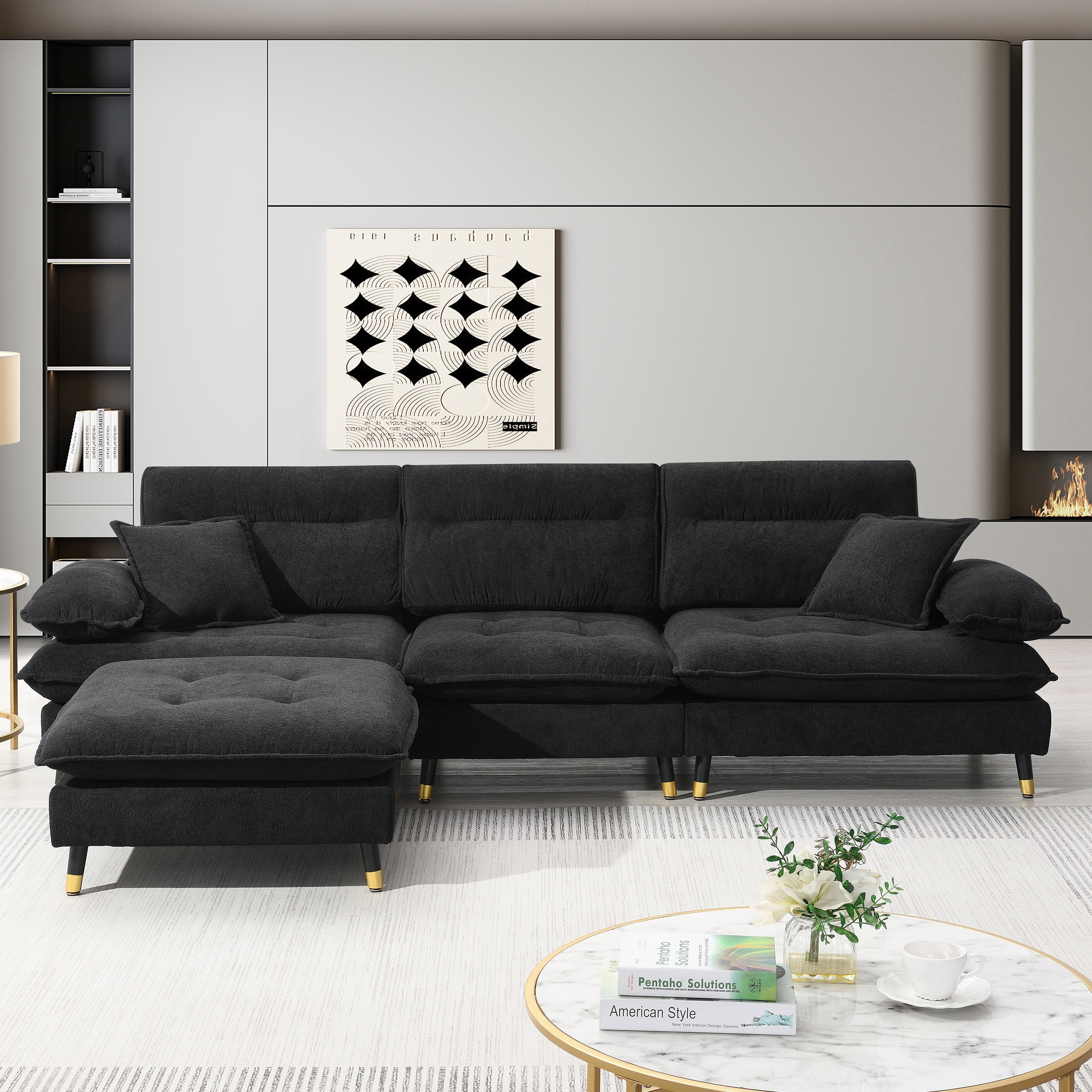 MAYEERTY 106x66.5" L-Shaped Convertible Sectional Sofa - 4-Seat Tufted Chenille Couch with Two-Tone Legs/Ottoman for Living Room/Apartment/Office, 3 Colors