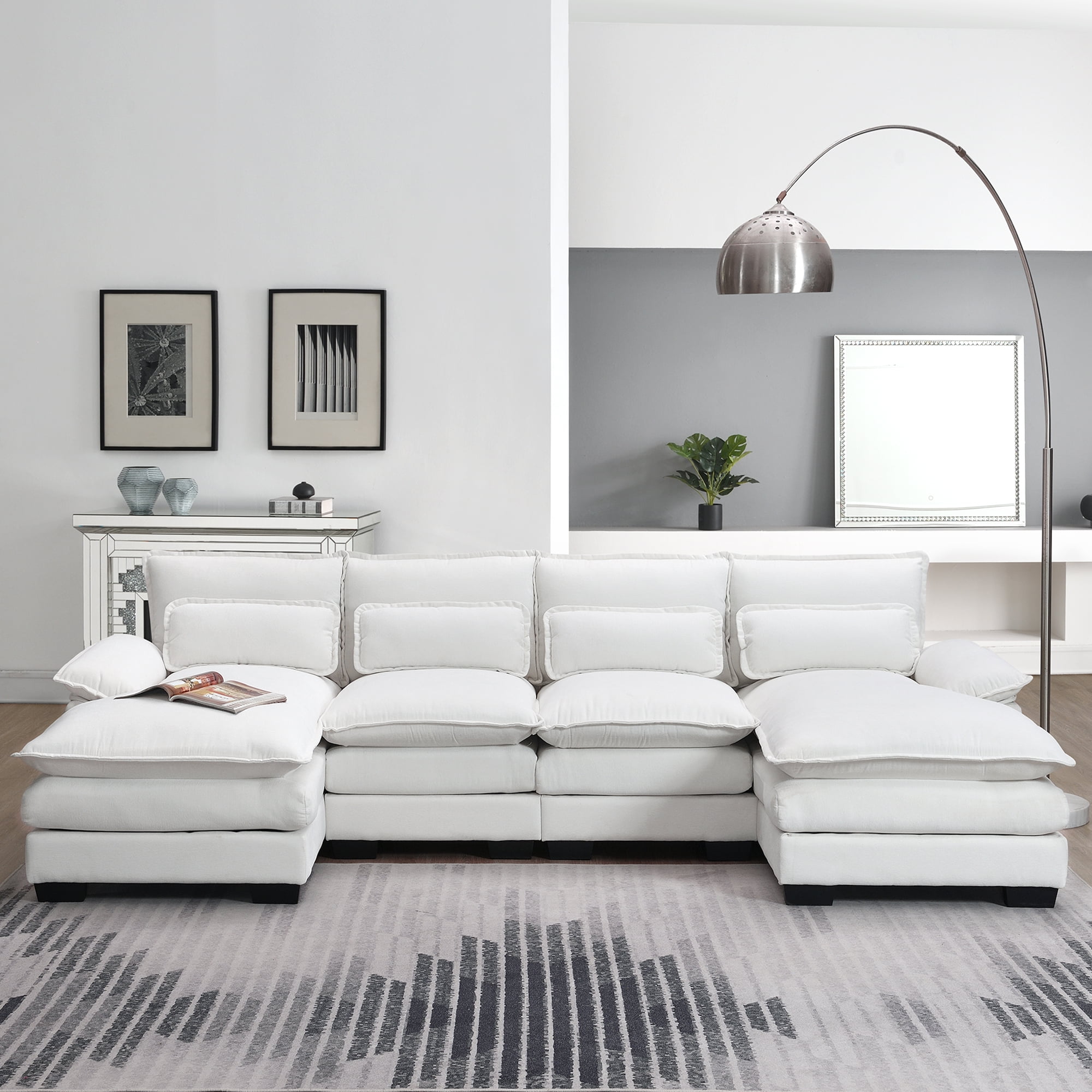 MAYEERTY 110x55" Modern U-Shaped Sectional Sofa - 6-Seat Symmetrical Sleeper with Waist Pillows/Chaise for Living Room/Apartment, 5 Colors