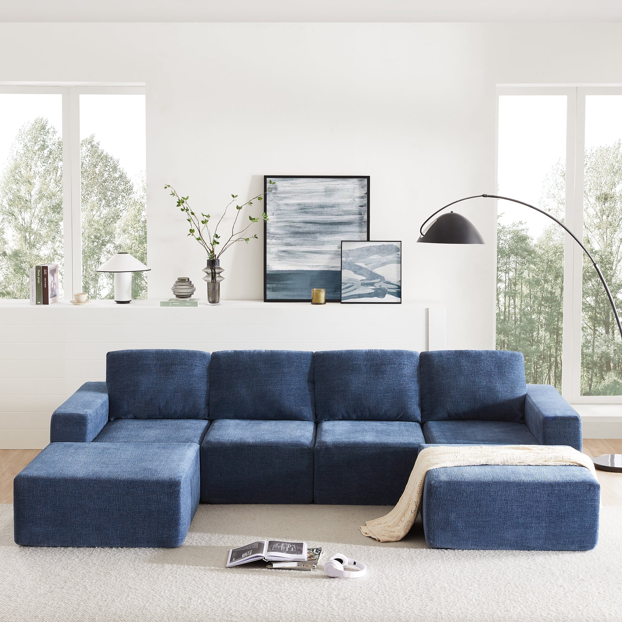 MAYEERTY 110x72" Modular U-Shaped Sectional Sofa - Luxury Chenille Floor Couch with Ottomans/Deep Seat, No Assembly for Living Room/Bedroom, 3 Colors