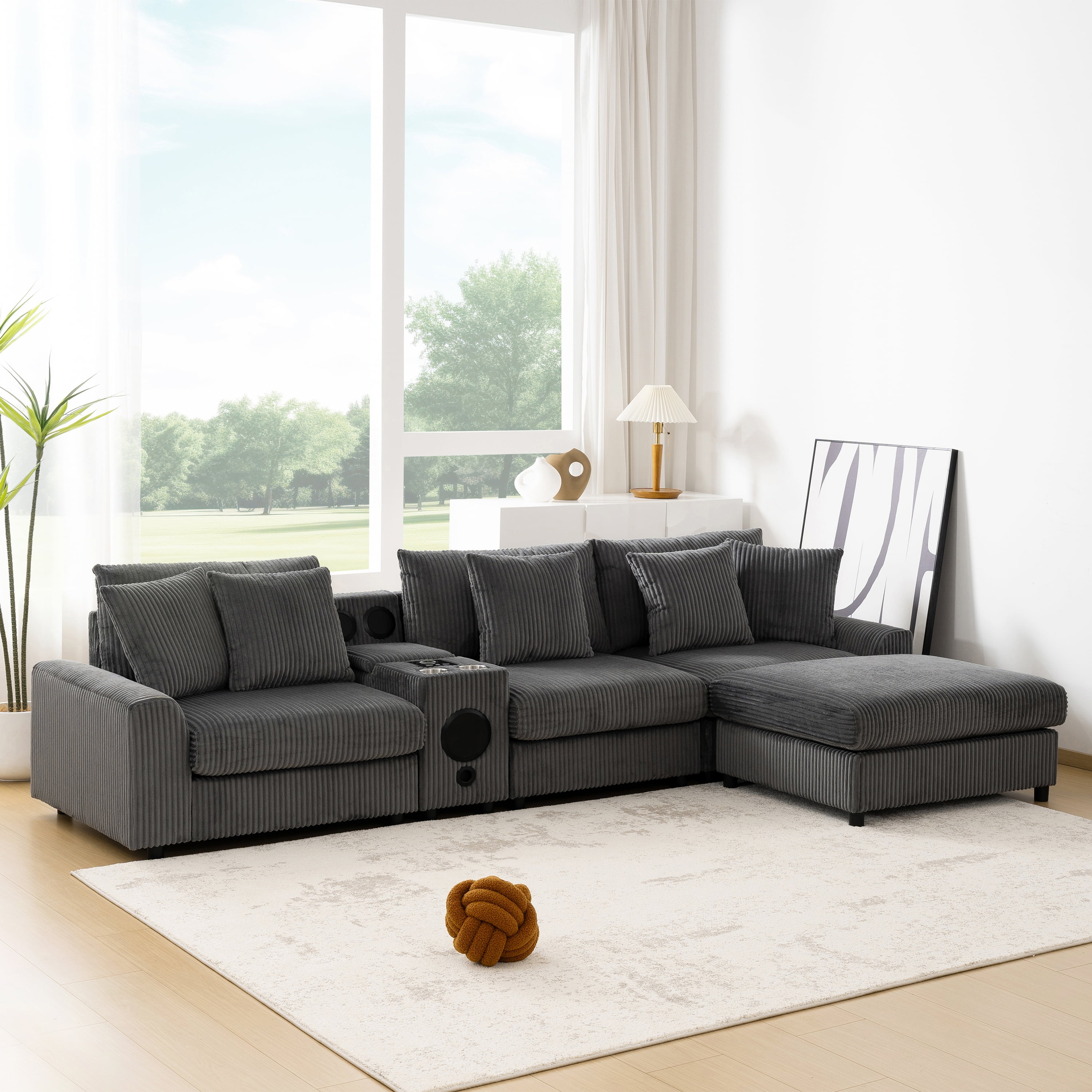 MAYEERTY 114x64" Corduroy Sectional Sofa - Bluetooth Speakers, L-Shaped Couch with Console/USB/Cup Holders/Storage/Ottoman, 2 Colors