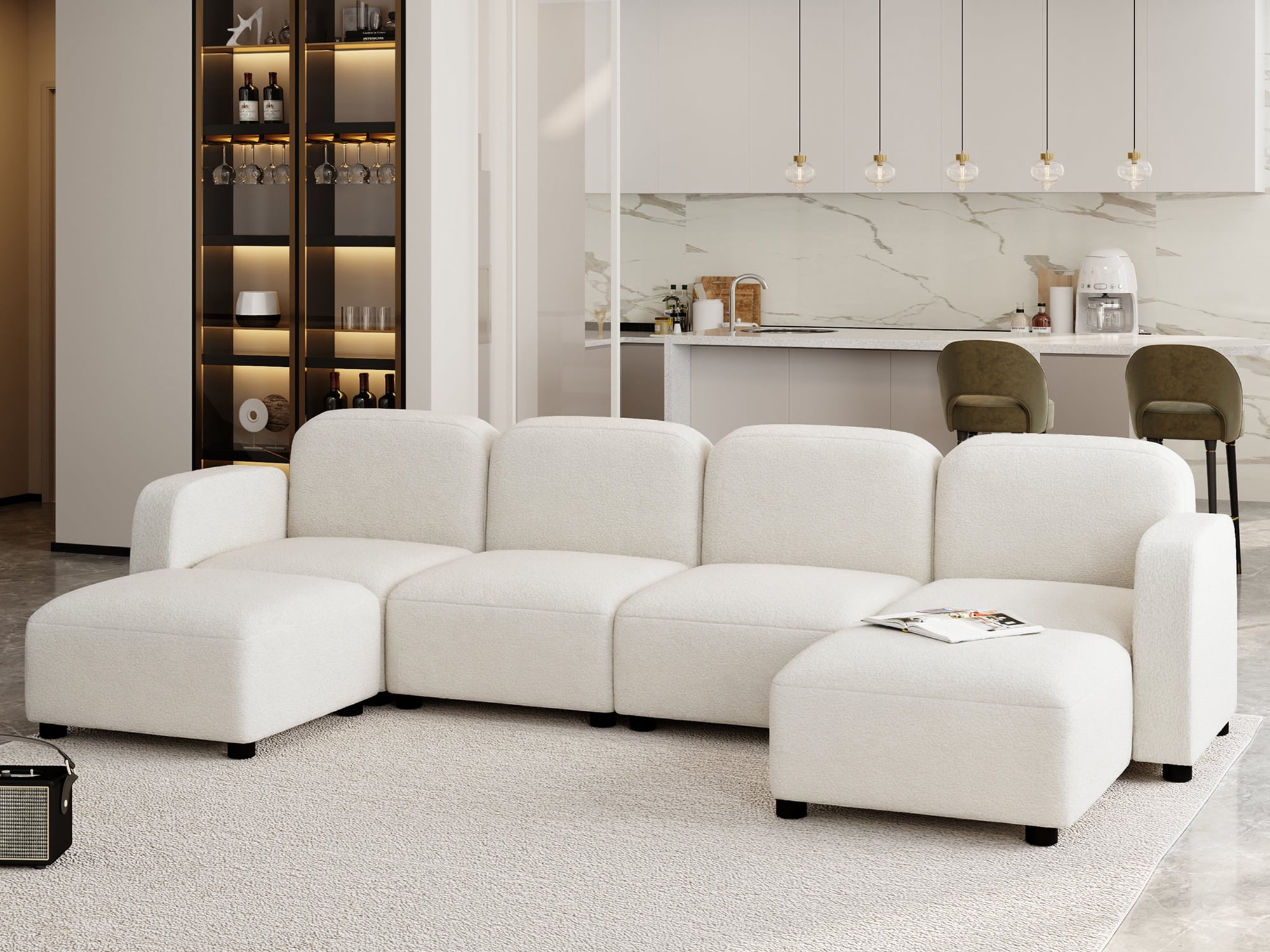 MAYEERTY 116x58" Velvet Modular Sectional Sofa - U-Shaped Reversible 6-Seat Sleeper Cloud Couch with Ottoman, Convertible for Living Room, Beige