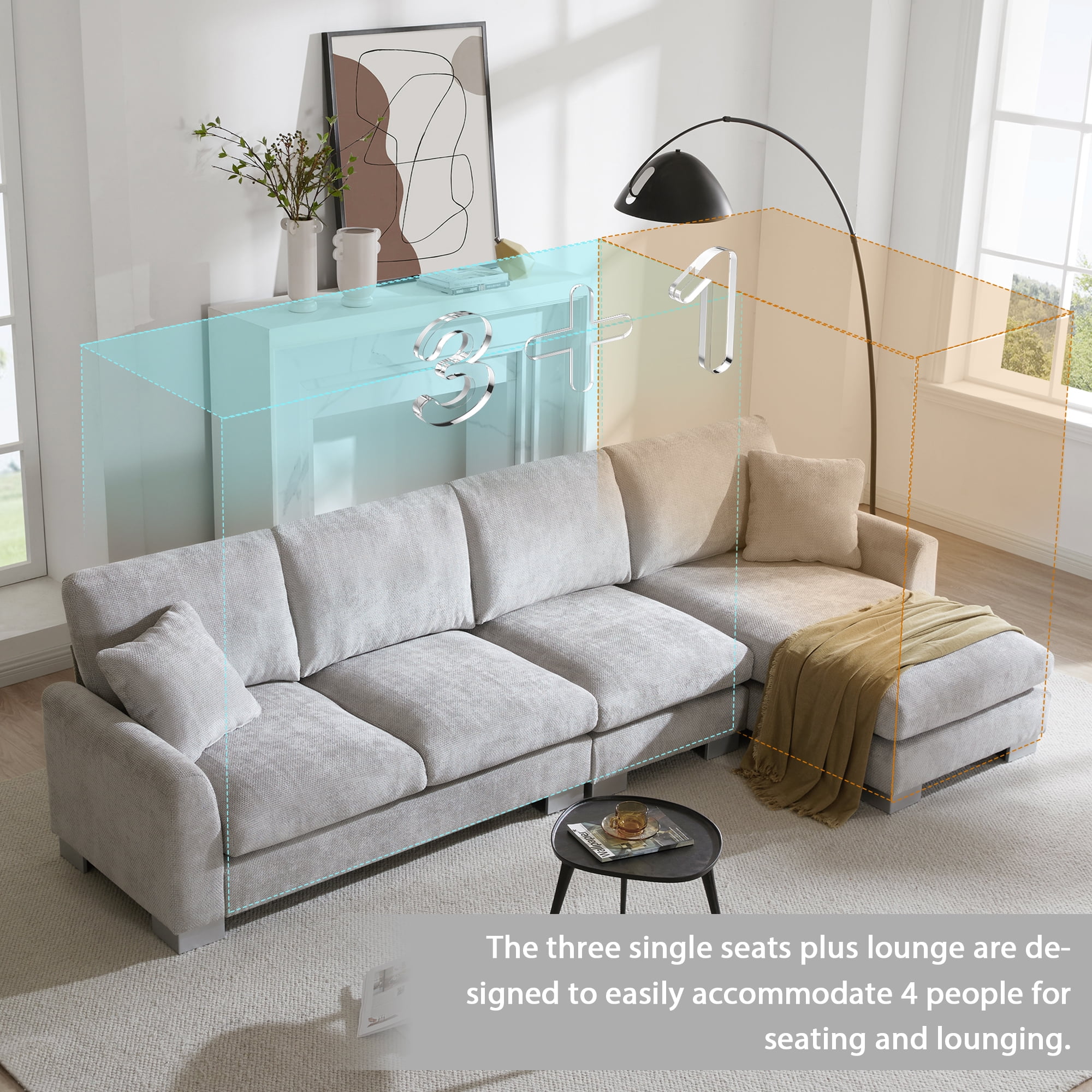 MAYEERTY 119x55" Modern Oversized Sectional Sofa - L-Shaped 5-Seat Chenille Couch with 2 Free Pillows/Chaise for Living Room/Apartment, 2 Colors