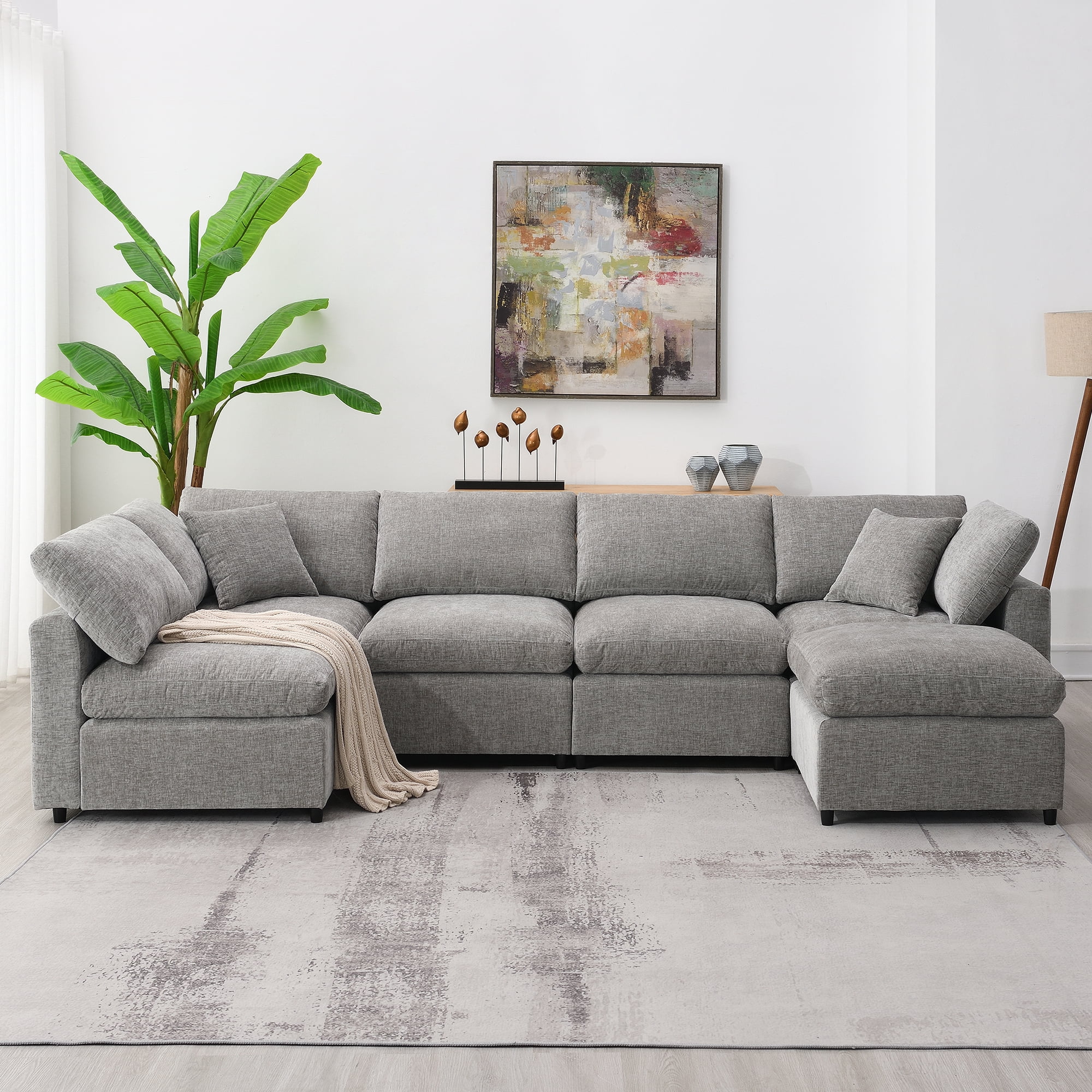 MAYEERTY 130x65" Modern Modular Cloud Sofa Bed - 6-Seat Chenille U-Shaped Sleeper with Ottoman, Free Combination for Living Room/Apartment, 3 Colors