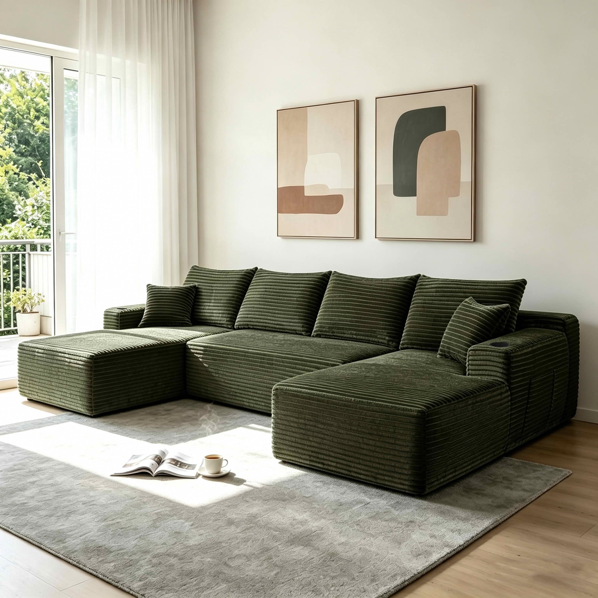 MAYEERTY 134" U-Shape Green Cloud Couch, Modern Modular 5-Seater Sectional Sofa with Side Pockets and Cup Holder, Plush Corduroy Deep Seating Lounge Sofa