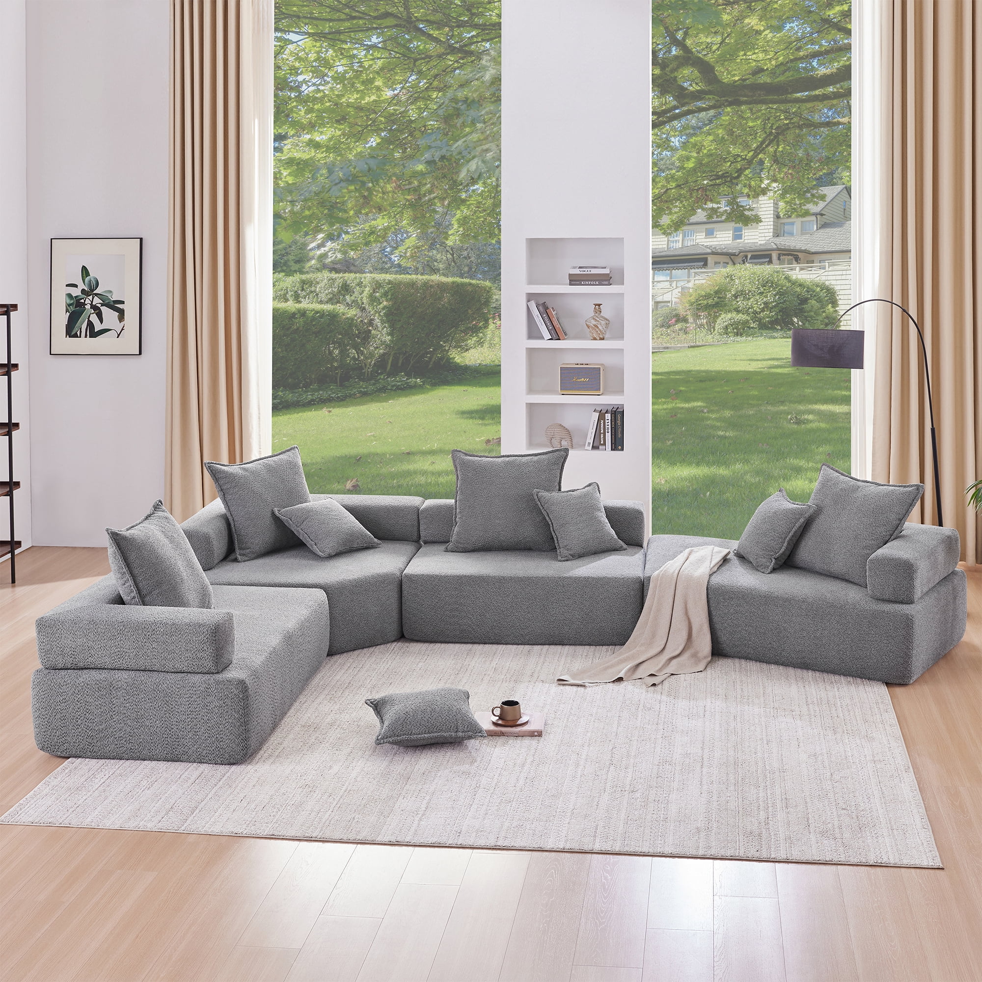 MAYEERTY 156" Oversized U-Shaped Modular Sectional Sofa - Luxury Boucle Convertible Compressed Floor Couch, 4PC Free Combination for Living Room, 2 Colors