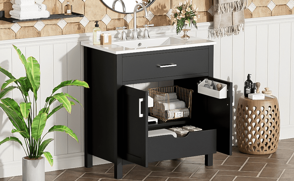 MAYEERTY 30" Black Bathroom Vanity - Ceramic Sink, Ample Storage, Modern Style for Bathroom
