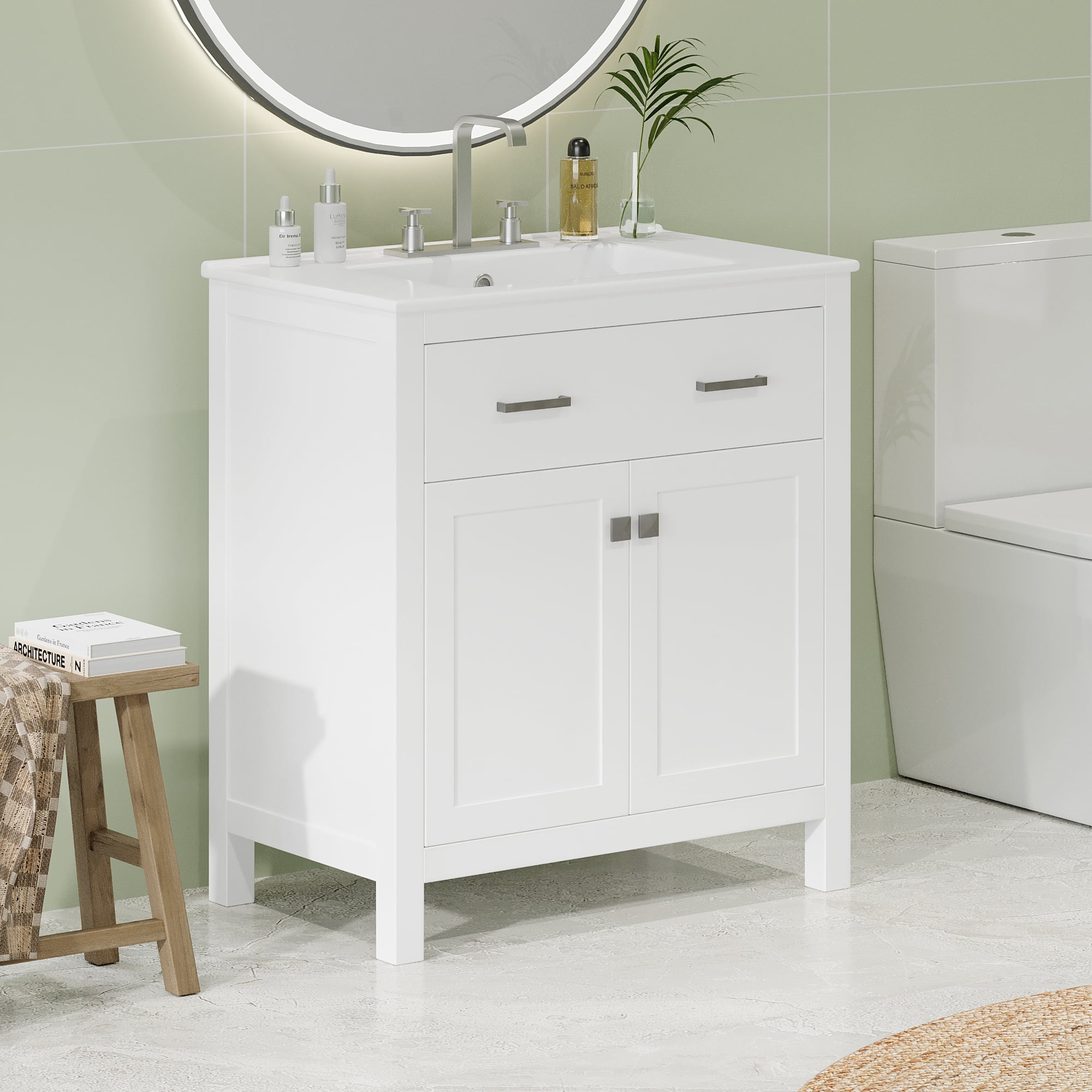 MAYEERTY 30" Bathroom Vanity - Ceramic Sink, White Cabinet (2 Doors + Shelf), Soft-Close Doors