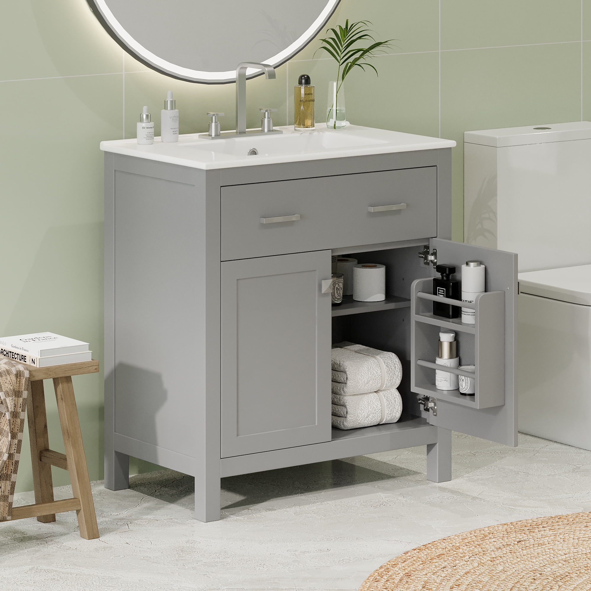 MAYEERTY 30" Bathroom Vanity - Ceramic Sink, Gray Cabinet (2 Doors + Shelf), Soft-Close Doors