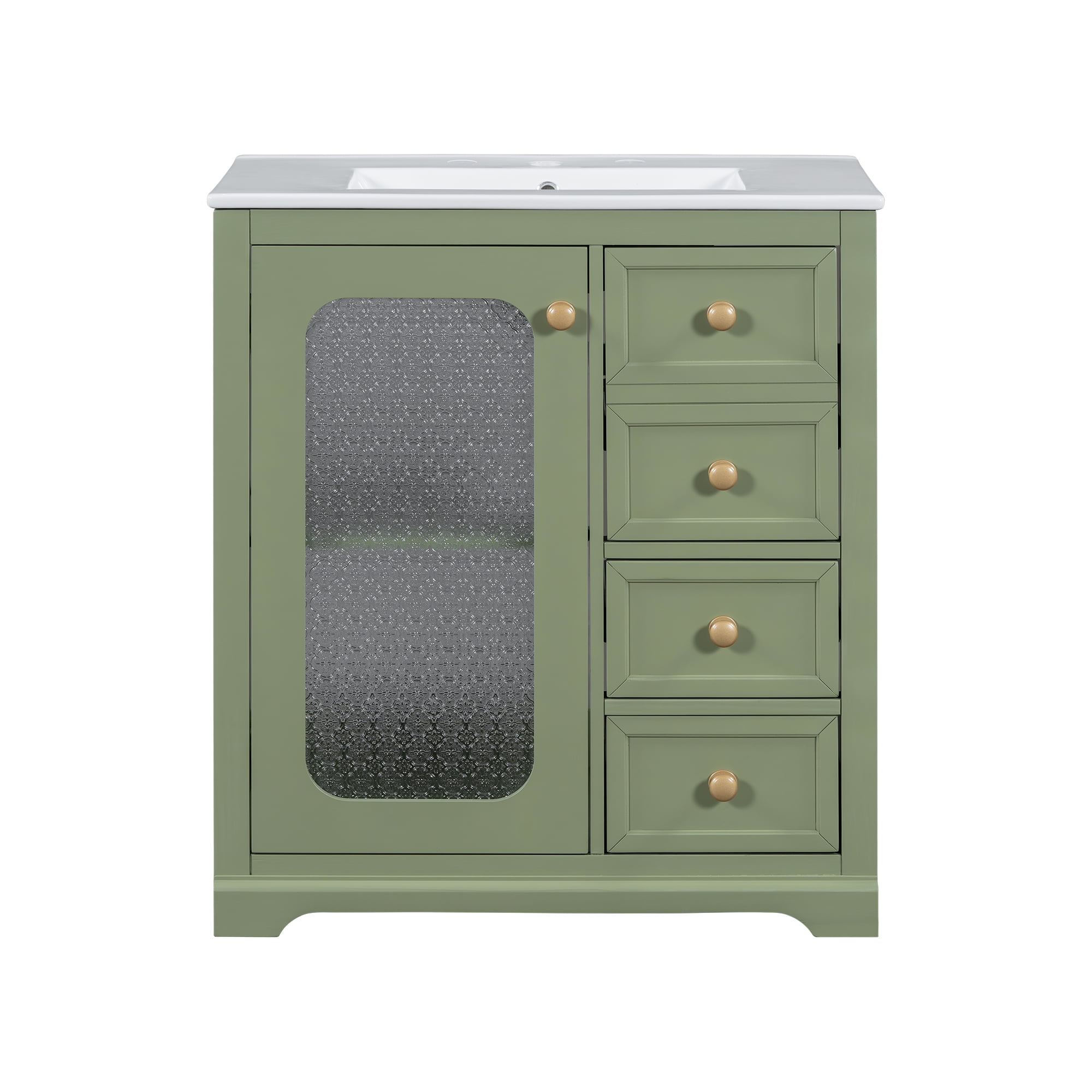 Green MDF Freestanding Bathroom Vanity with Glass Door and Drawers