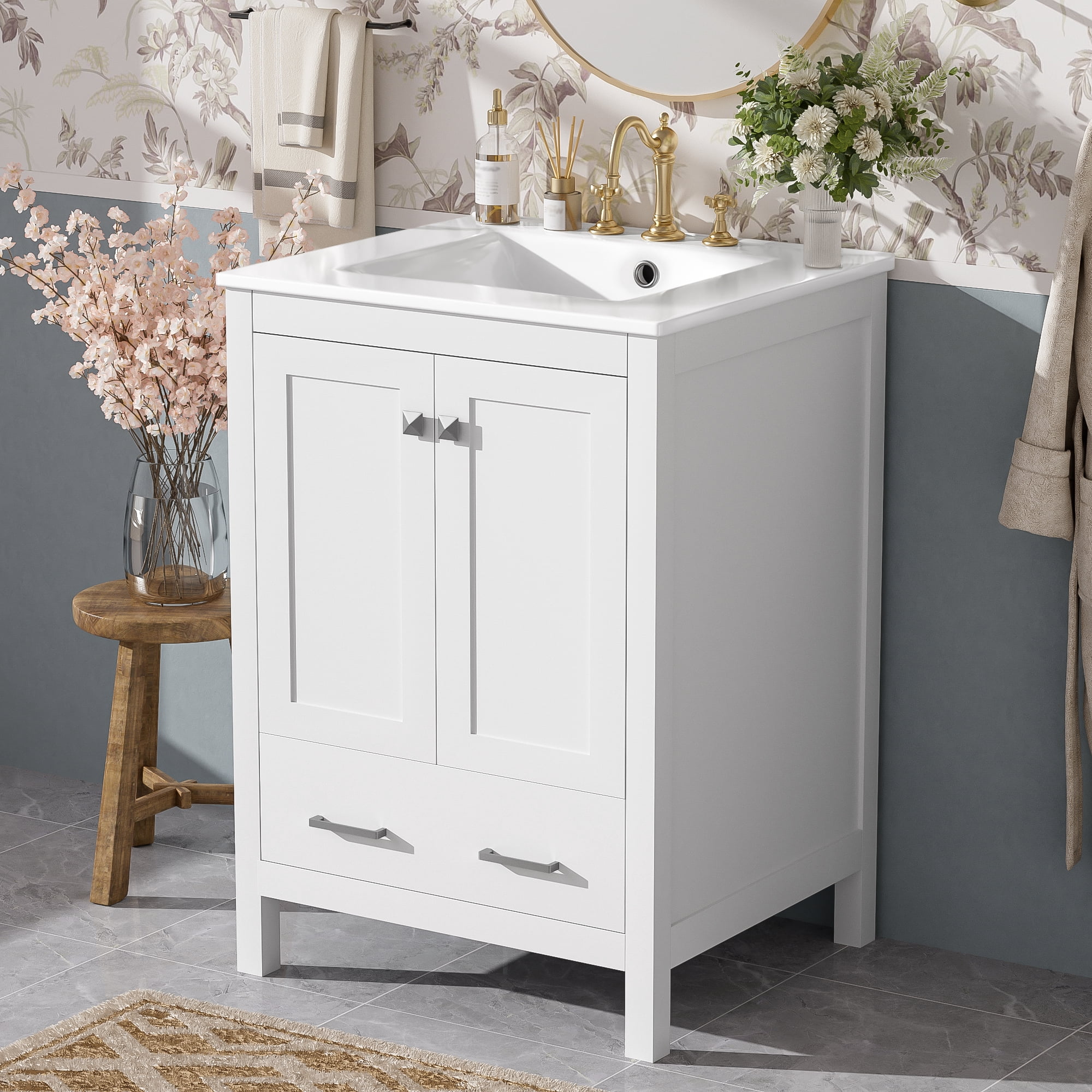 MAYEERTY 24" Bathroom Vanity - Undermount Basin, 2-Door 1-Drawer Cabinet, Double-Layer Door Shelf