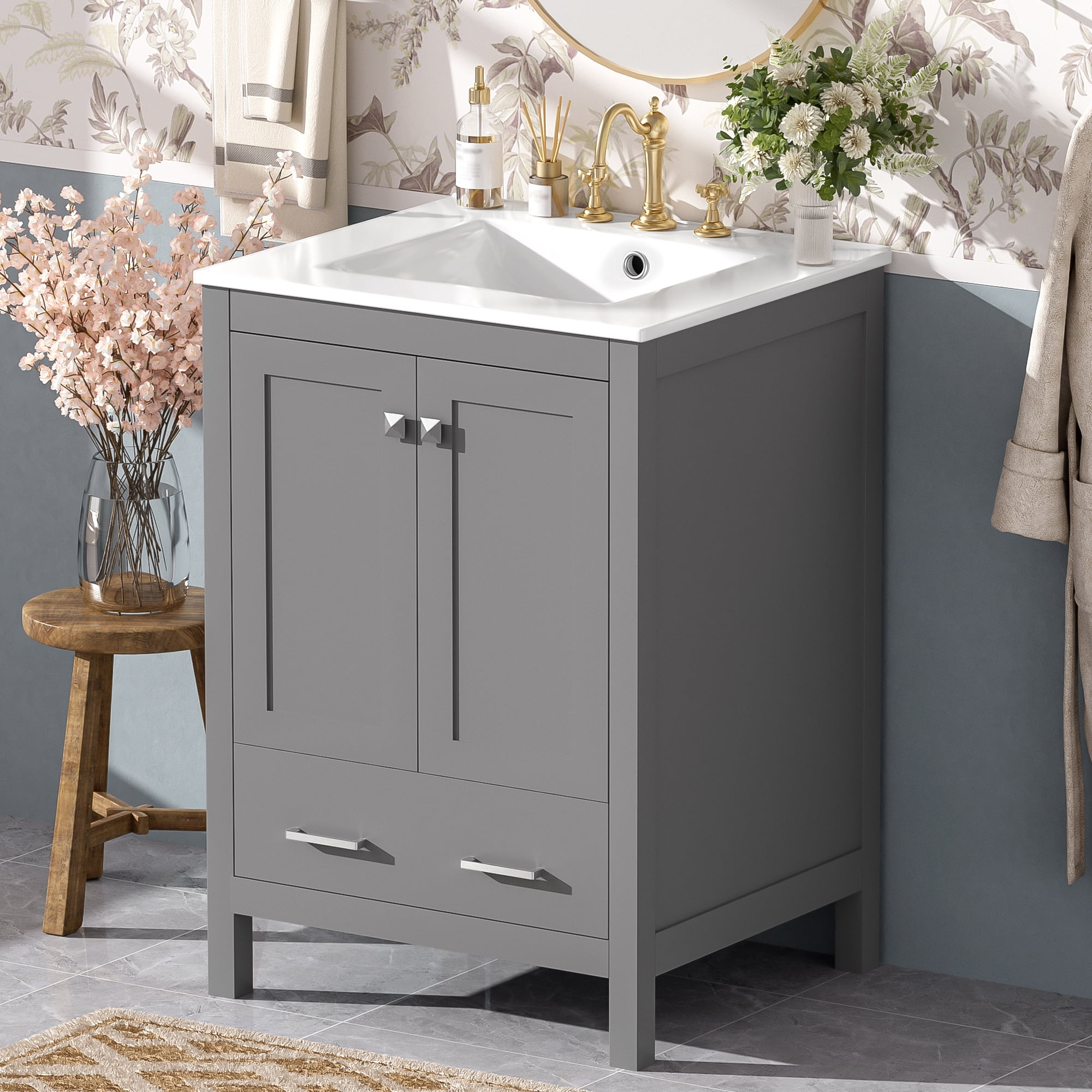 MAYEERTY 24" Bathroom Vanity - Undermount Basin, 2-Door 1-Drawer Cabinet, Double-Layer Door Shelf