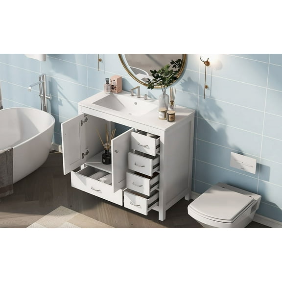 MAYEERTY 36" White Bathroom Vanity Combo - Ceramic Sink, Abundant Storage Cabinet, Functional
