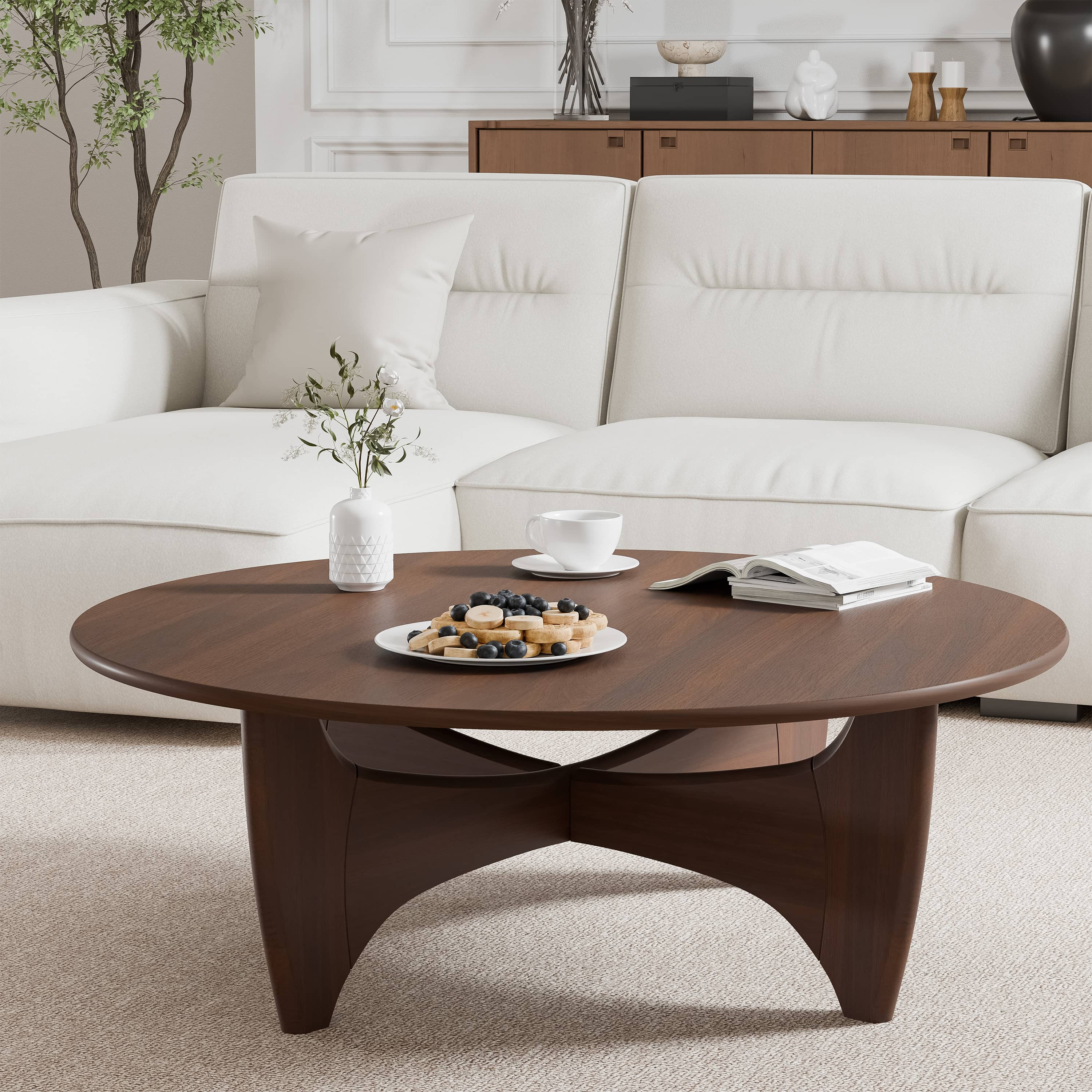 MAYEERTY 38" Roud Wooden Coffee Table, Walnut