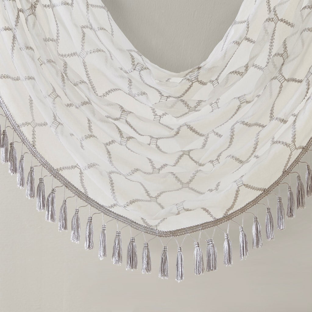MAYEERTY 38x46" Diamond Sheer Embroidered Waterfall Valance, White/Grey