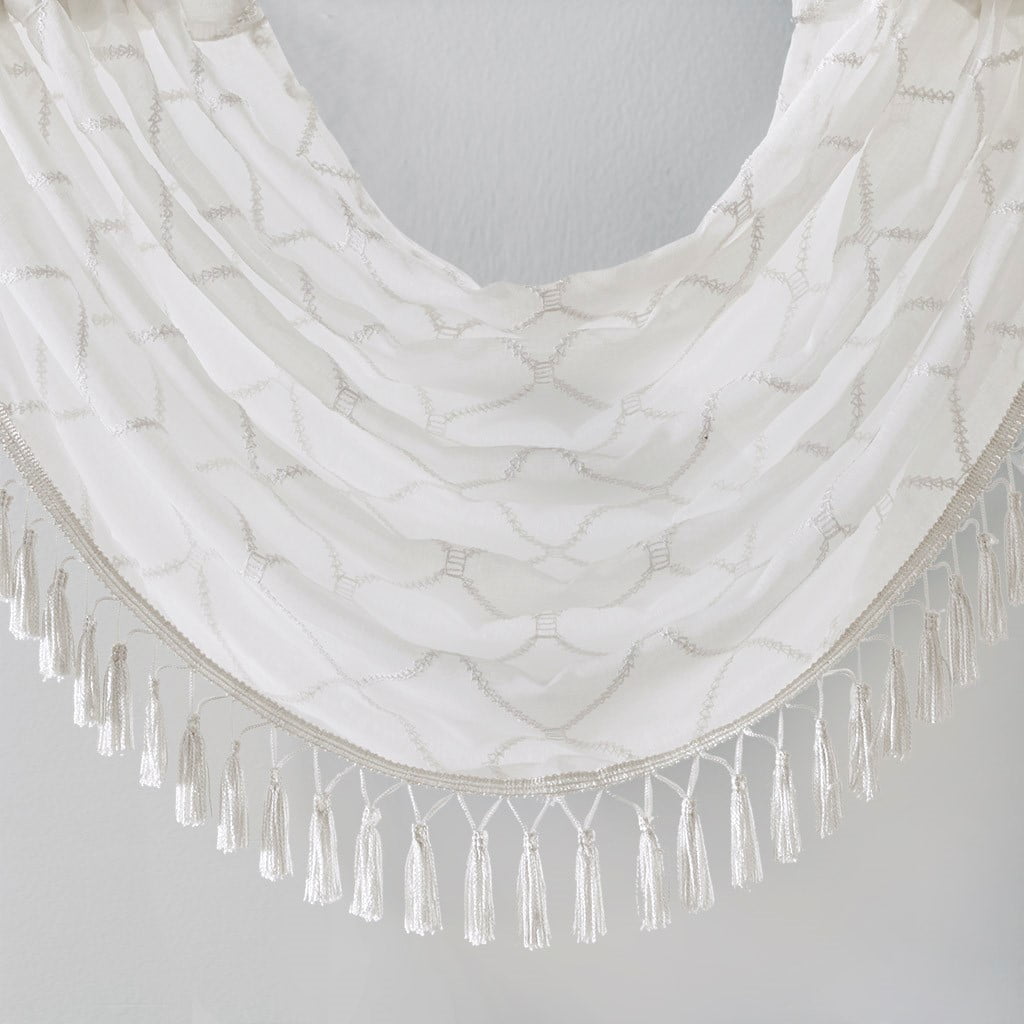 MAYEERTY 38x46" Diamond Sheer Embroidered Waterfall Valance White/Grey