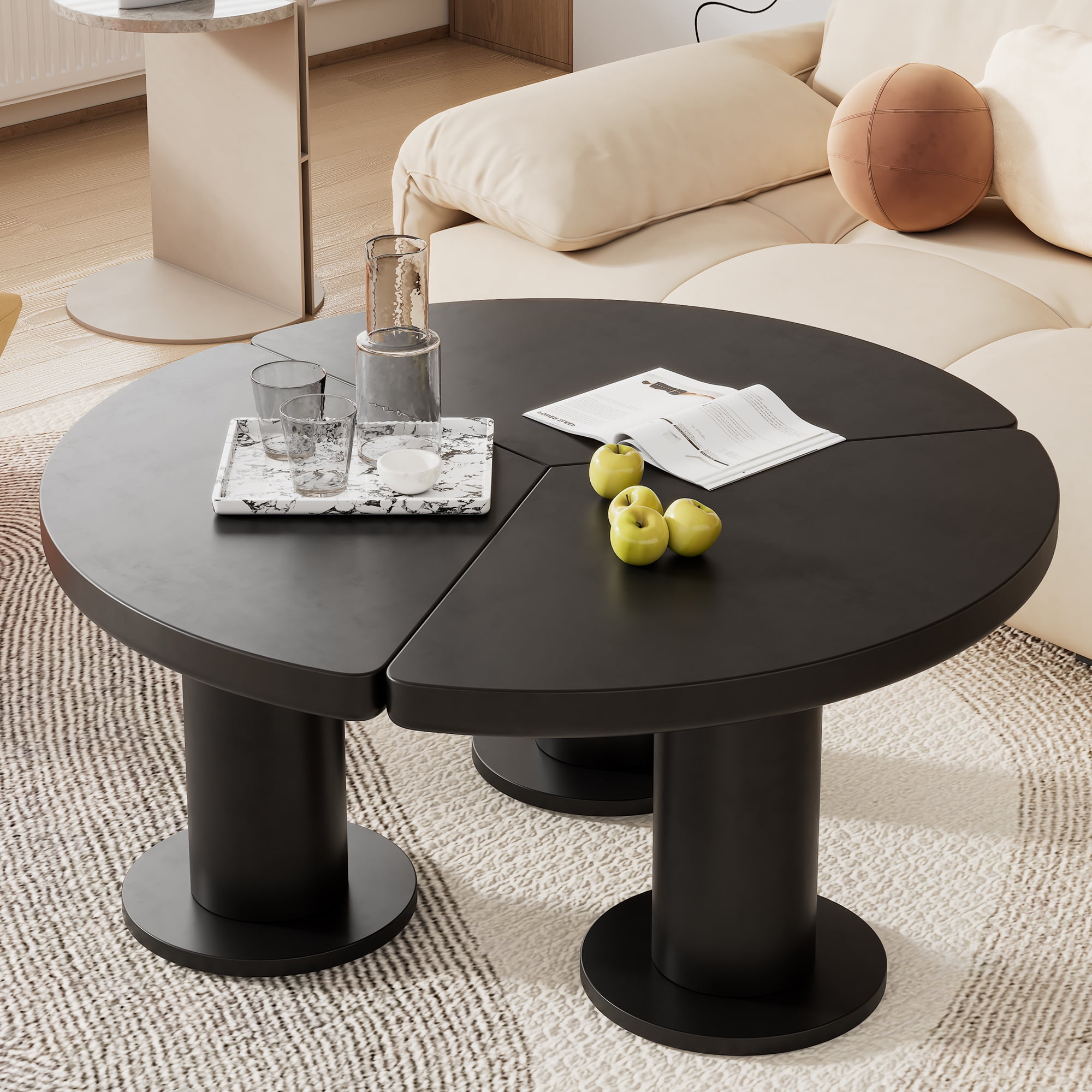 MAYEERTY Φ39.4'' Easy Assembly Round Petal-Shaped Coffee Table, Cream Style Center Table with 3 Thick Legs, Minimalist Irregular End Table with Sleek Round Edges for Living Room, Black