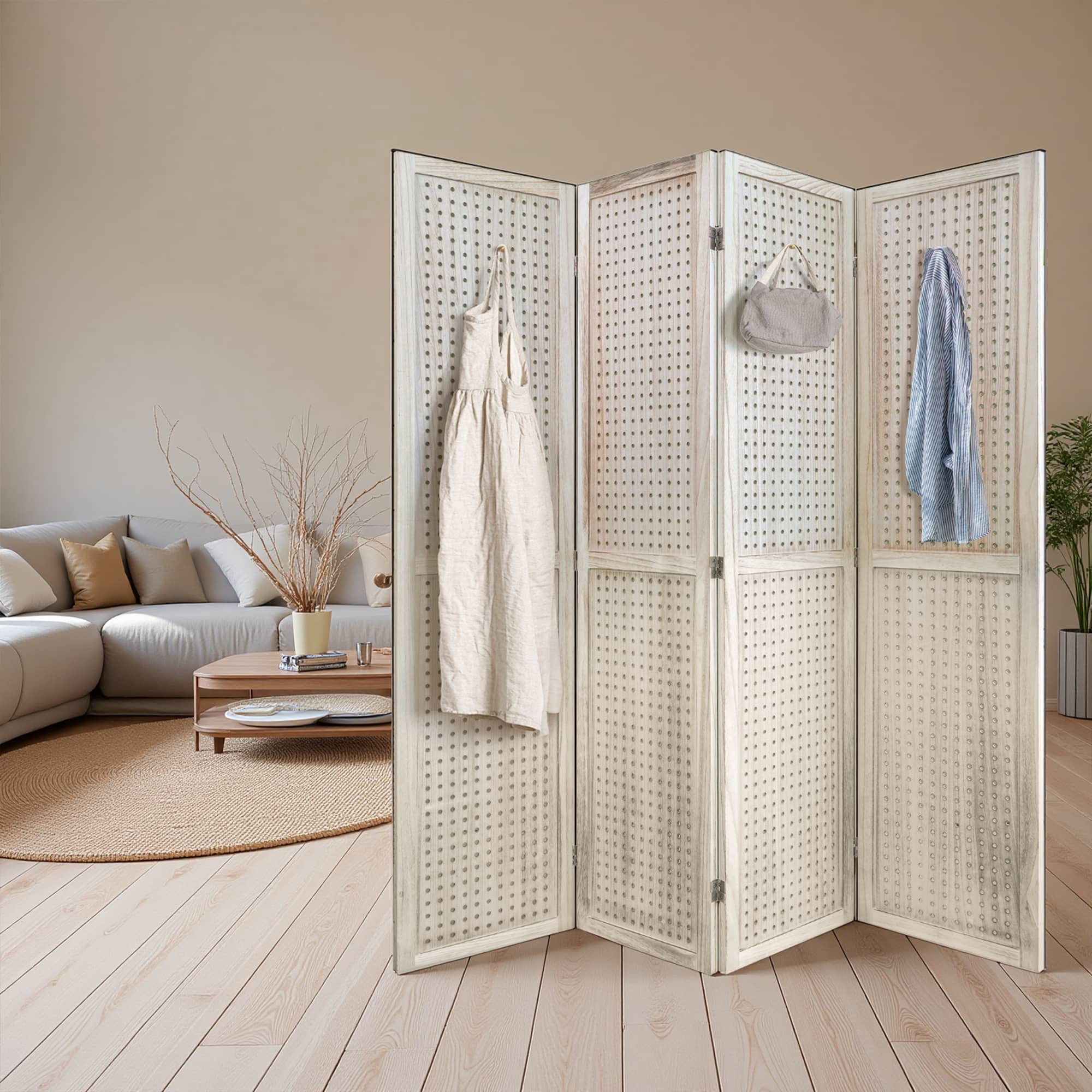MAYEERTY 4 Panel Room Divider, 5.6Ft Wooden Freestanding Privacy Screen with Shelves, Natural Wood