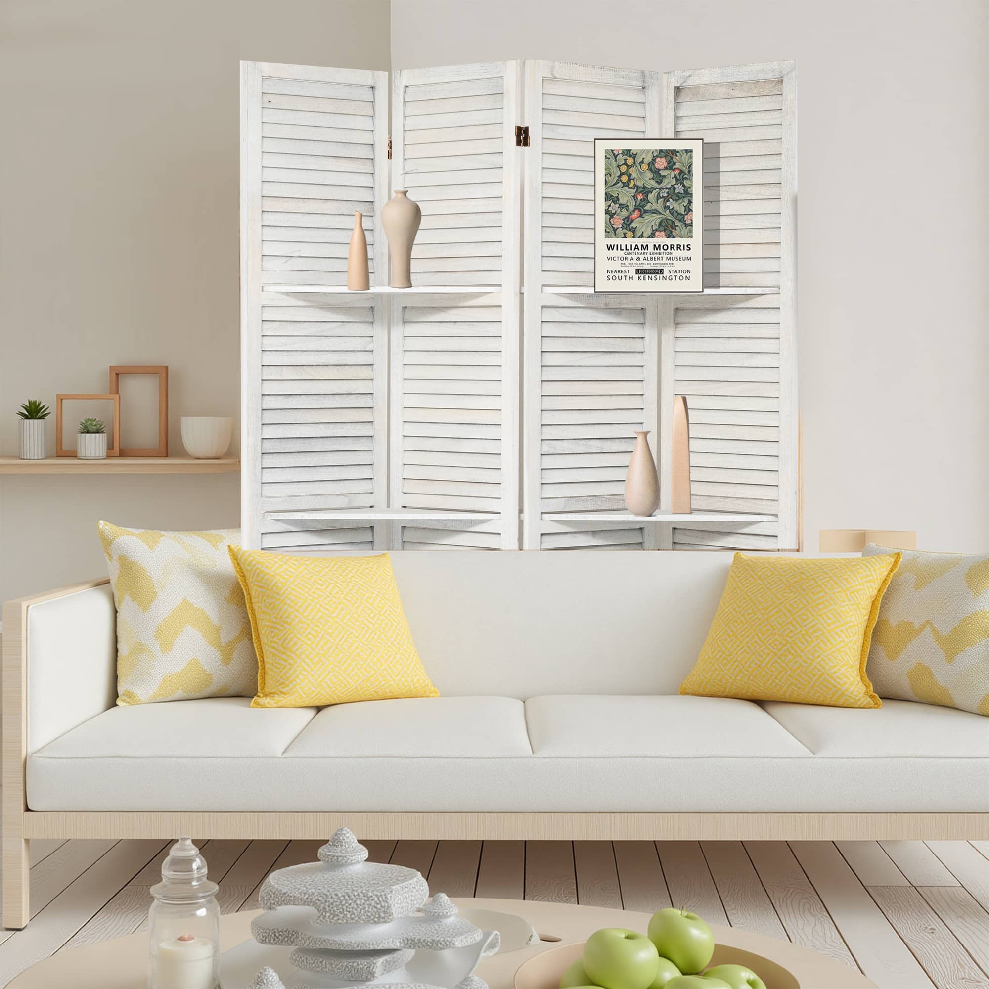 White Wood 5.6 ft Folding Privacy Screen Room Divider with Shelves