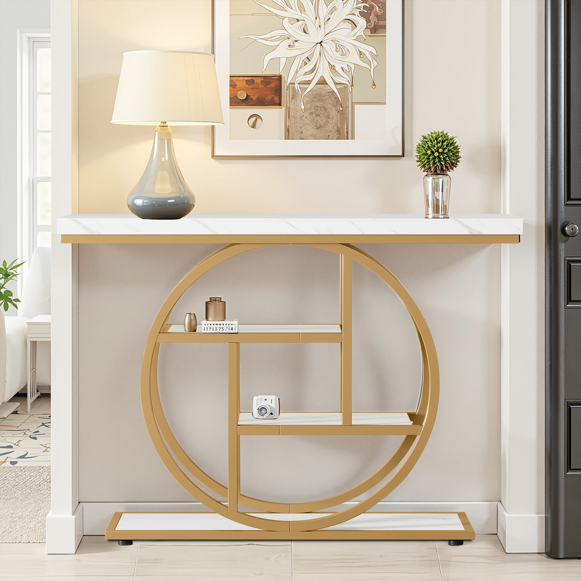 MAYEERTY 41.3" Industrial 4-Tier Console Table, Wood Shelves Round Circle Metal Base Entryway Sofa Table with Adjustable Anti-Wobble Foot Pads