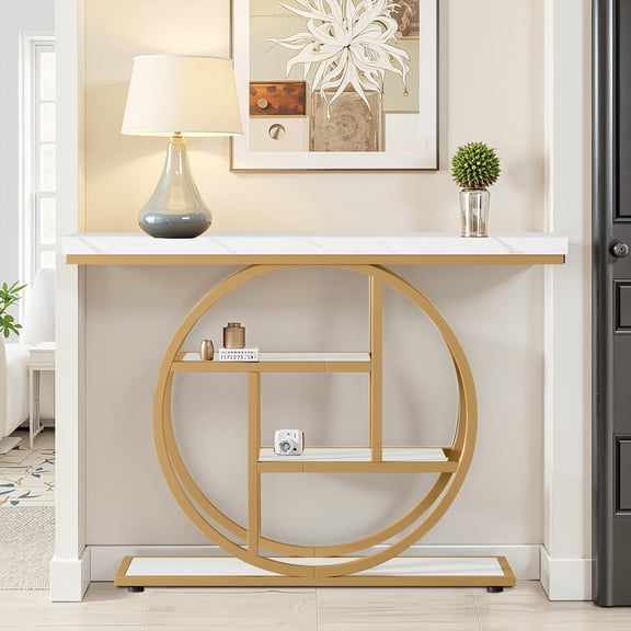 MAYEERTY 41.3" Industrial 4-Tier Console Table, Wood Shelves Round Circle Metal Base Entryway Sofa Table with Adjustable Anti-Wobble Foot Pads