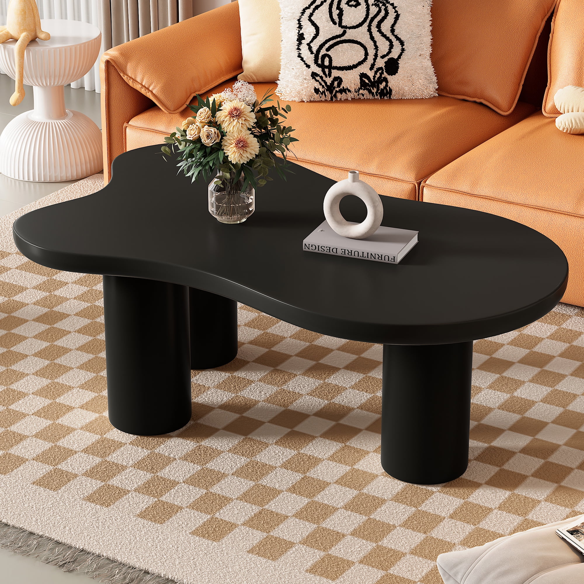 MAYEERTY 44'' x 25.9'' Easy Assembly Cloud Coffee Table with 1.5'' Thick Tabletop, Cream Style Irregular End Table with 3 Sturdy Legs, Sleek Center Table with Round Edge for Living Room, Black