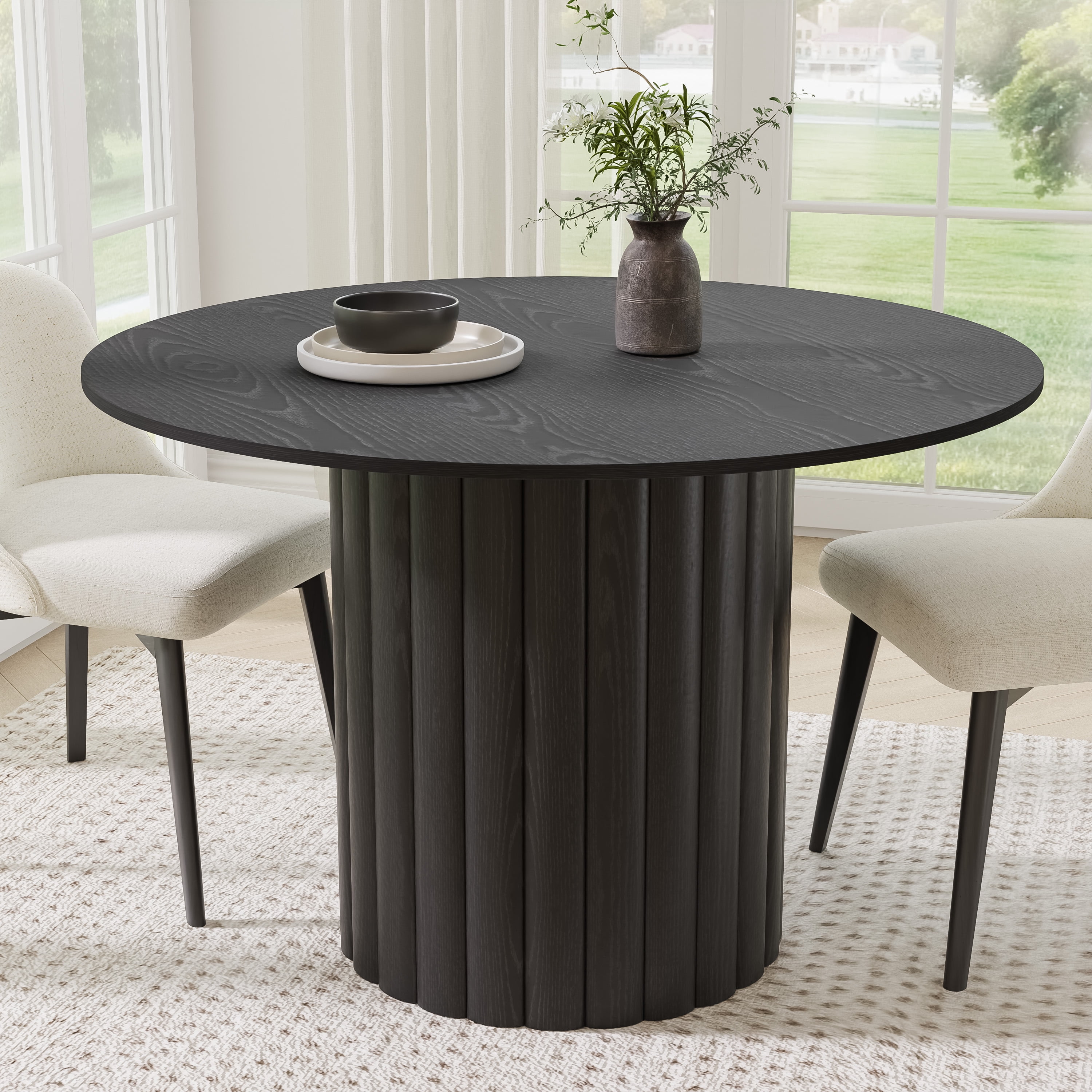 MAYEERTY 46 in. Soild Wood Black Dining Table Round Kitchen Table