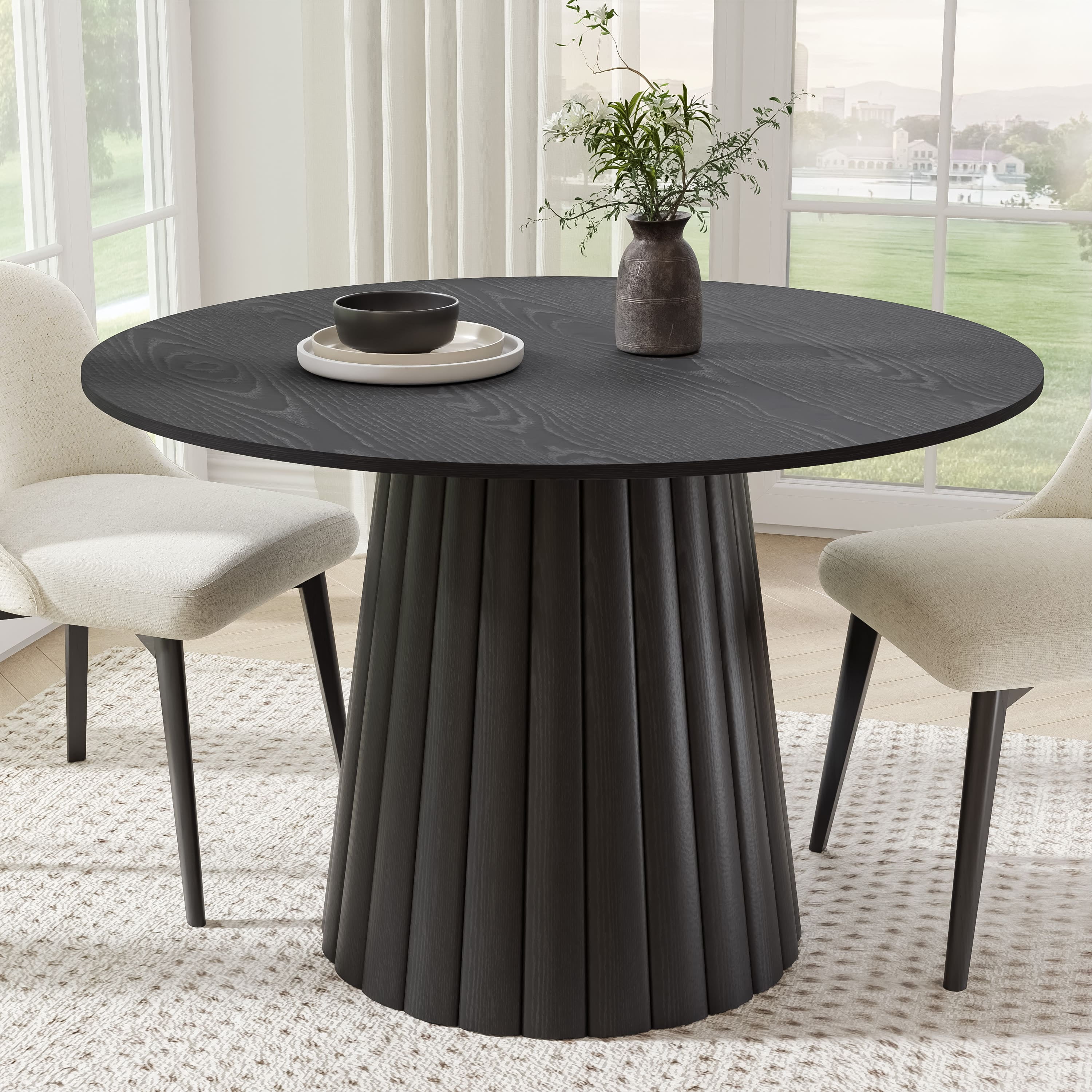 MAYEERTY 46 in. Soild Wood Black Dining Table Round Kitchen Table