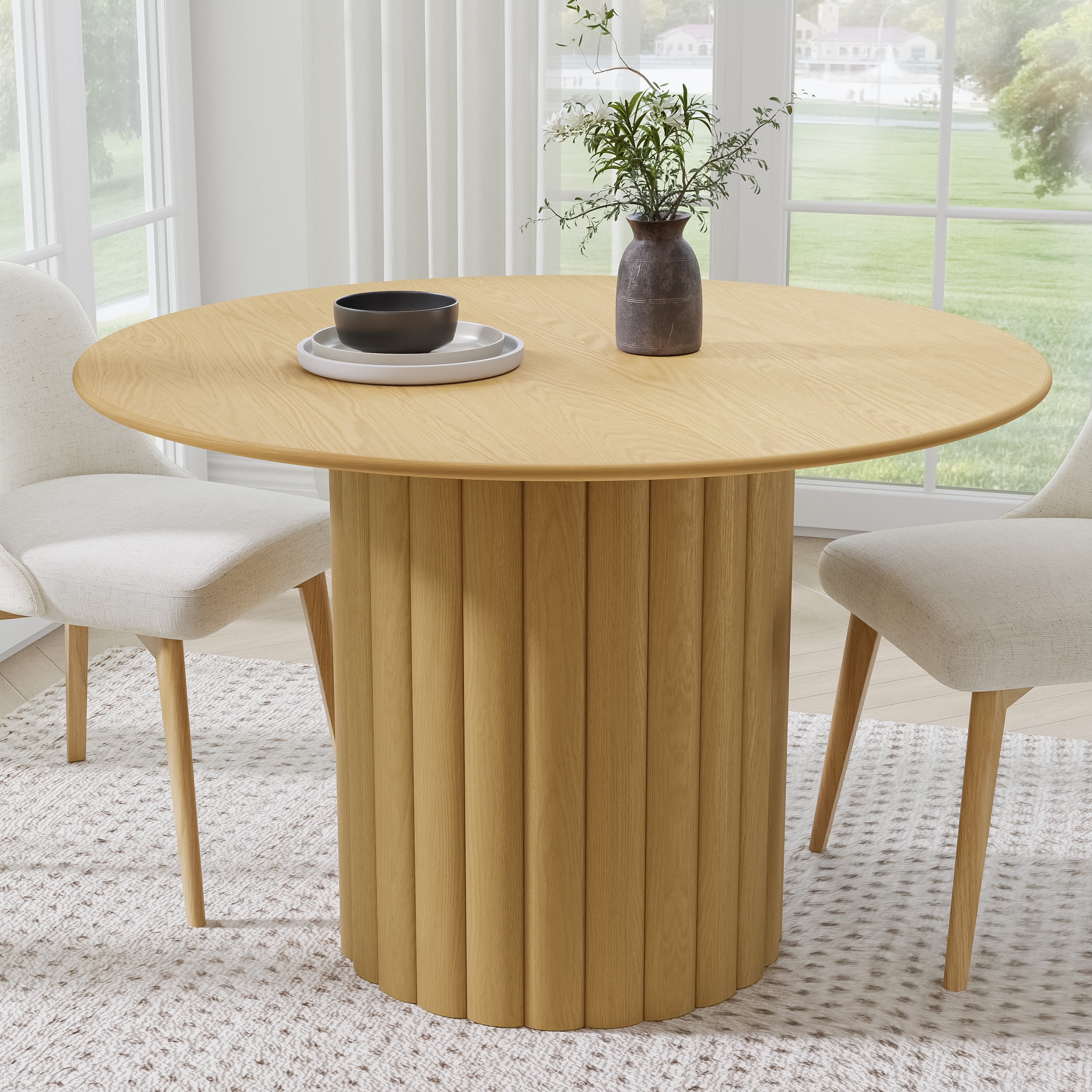 MAYEERTY 46 in. Soild Wood Natural Oak Dining Table Round Kitchen Table