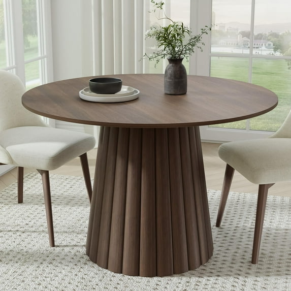 MAYEERTY 46 in. Soild Wood Walnut Dining Table Round Kitchen Table