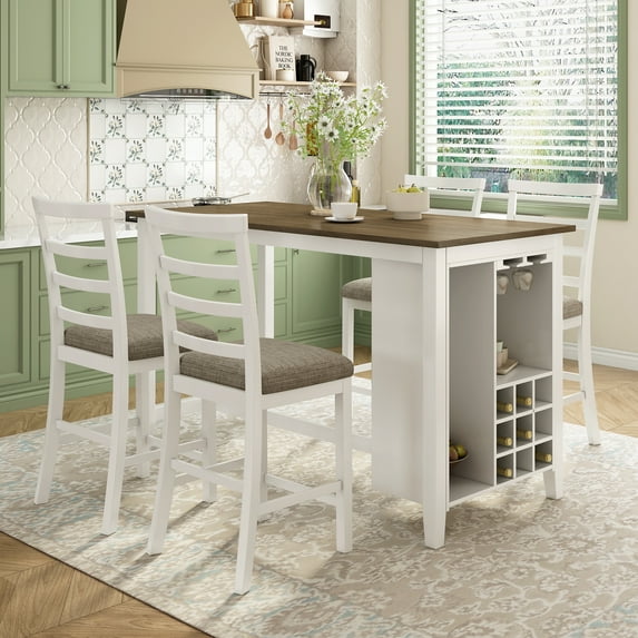 MAYEERTY 5-Piece Multi-Functional Rubber Wood Counter Height Dining Set Brown + White Wash with Padded Chairs and Wine Compartment