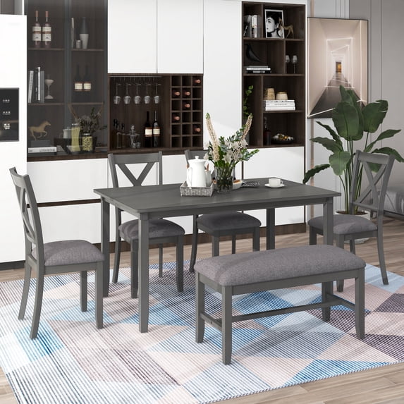 MAYEERTY 6-Piece Gray Wooden Kitchen Dining Table Set Rectangular Table 4 Fabric Chairs and Bench