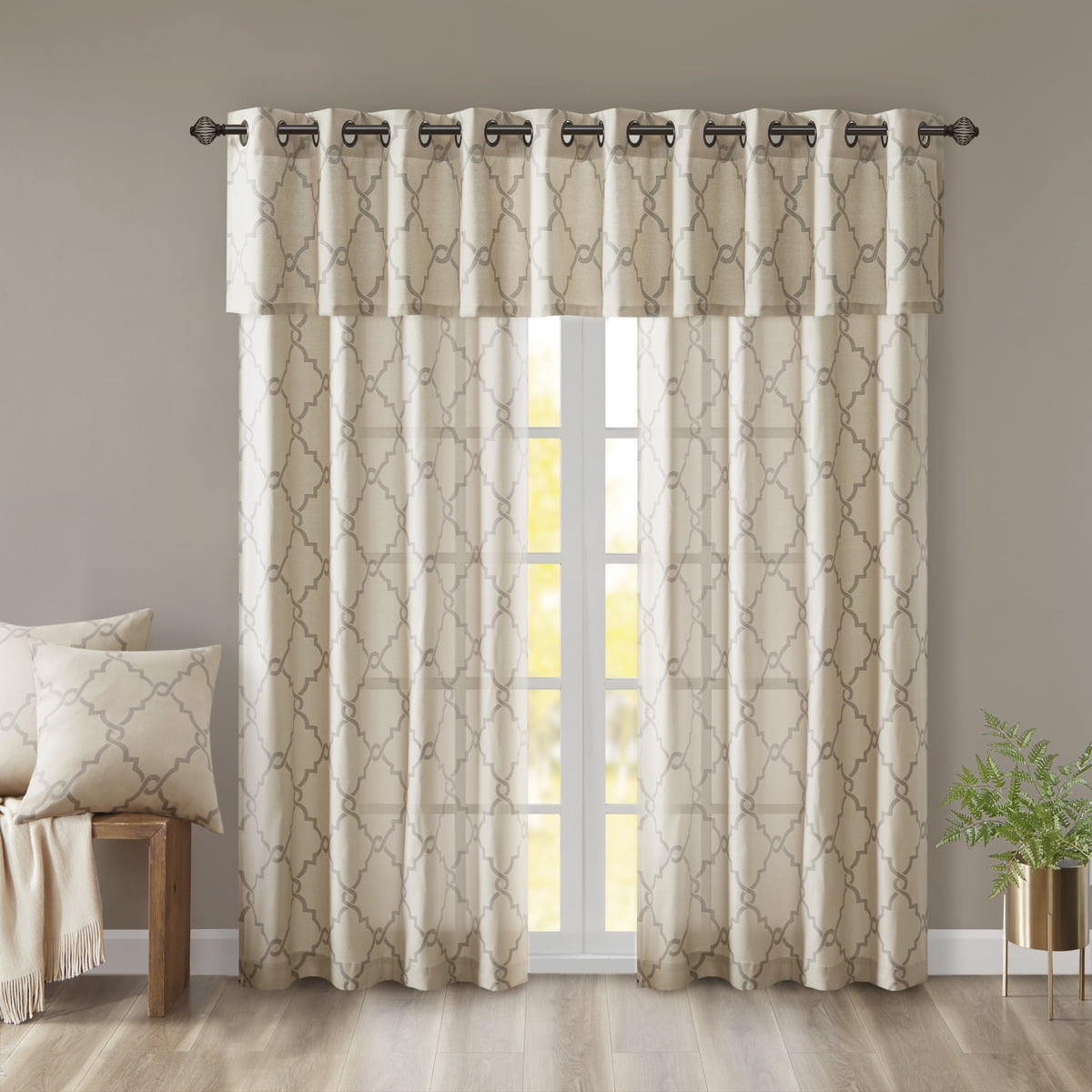 MAYEERTY 50x18" Fretwork Print Grommet Top Valance Beige/Grey