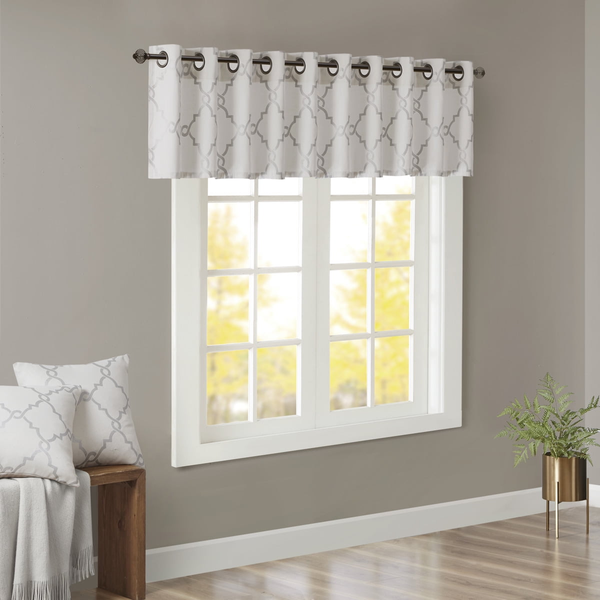 MAYEERTY 50x18" Fretwork Print Grommet Top Valance, Ivory/Grey