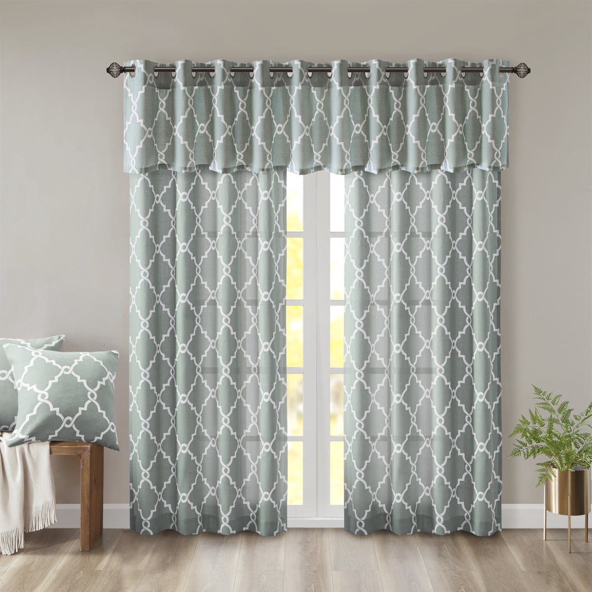 MAYEERTY 50x18" Fretwork Print Grommet Top Valance Seafoam/White