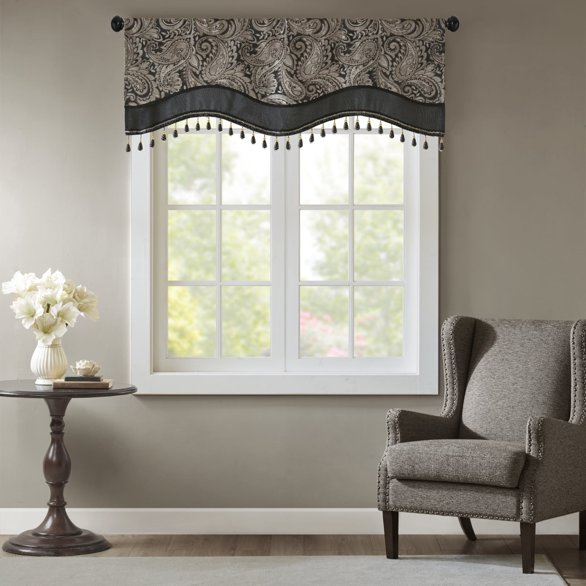 MAYEERTY 50x18" Jacquard Rod Pocket Valance - With Beads, Black