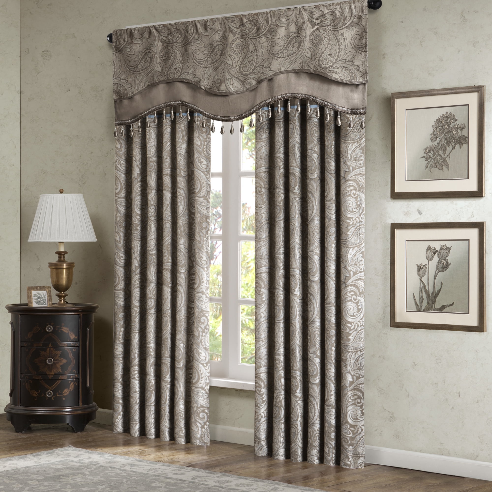 MAYEERTY 50x18" Jacquard Rod Pocket Valance - With Beads, Blue/Brown