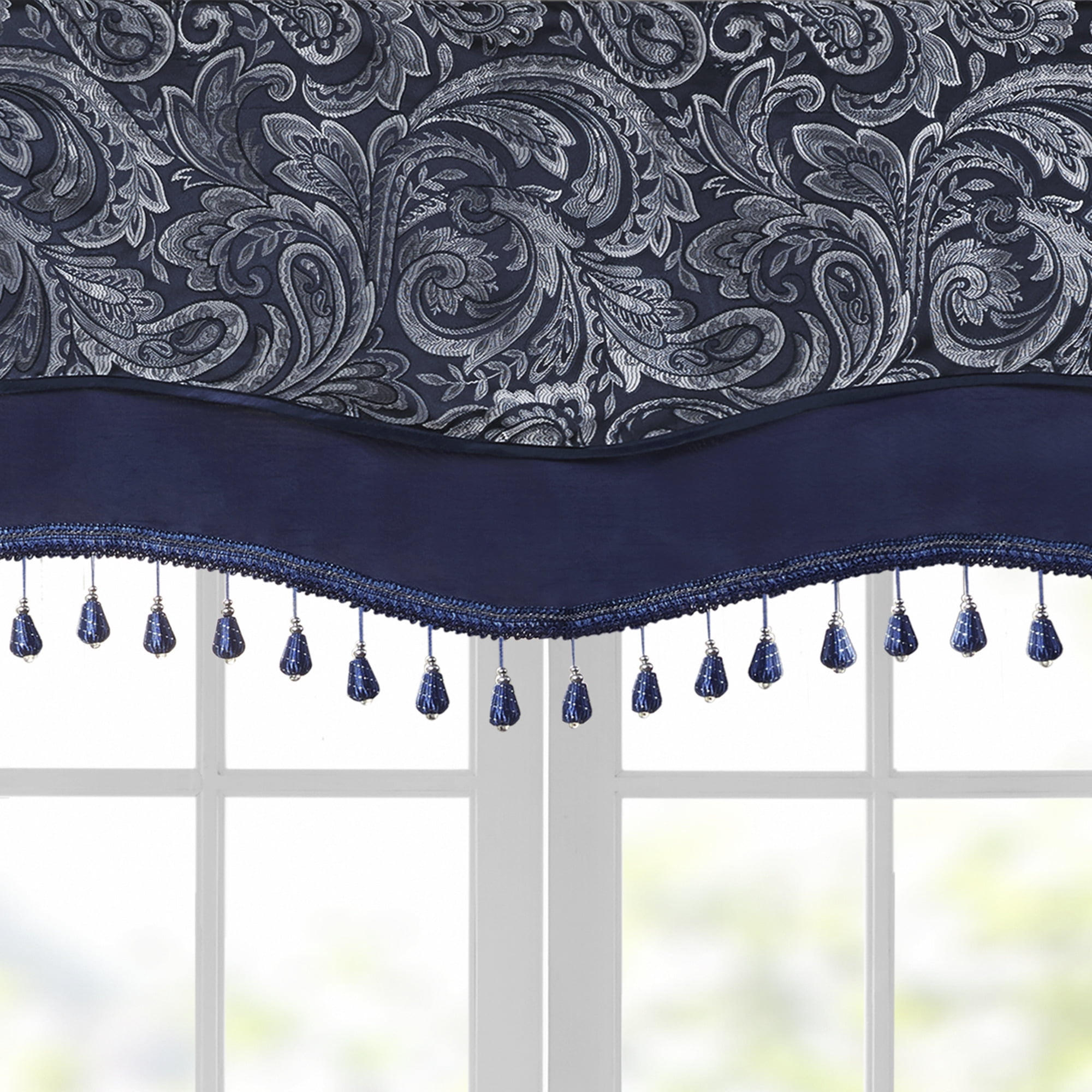 MAYEERTY 50x18" Jacquard Rod Pocket Valance With Beads Navy