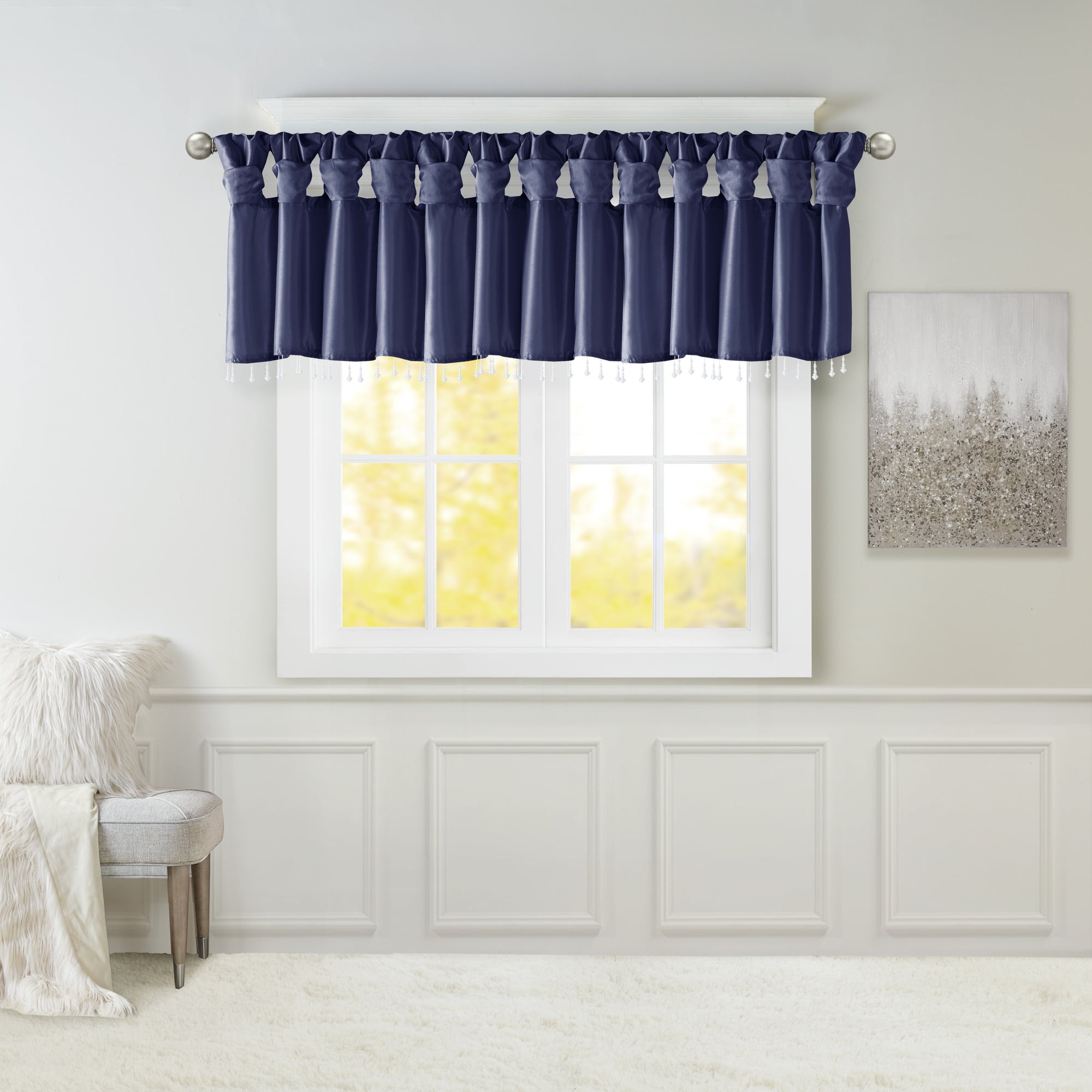 MAYEERTY 50x26" Lightweight Faux Silk Valance - With Beads, Navy
