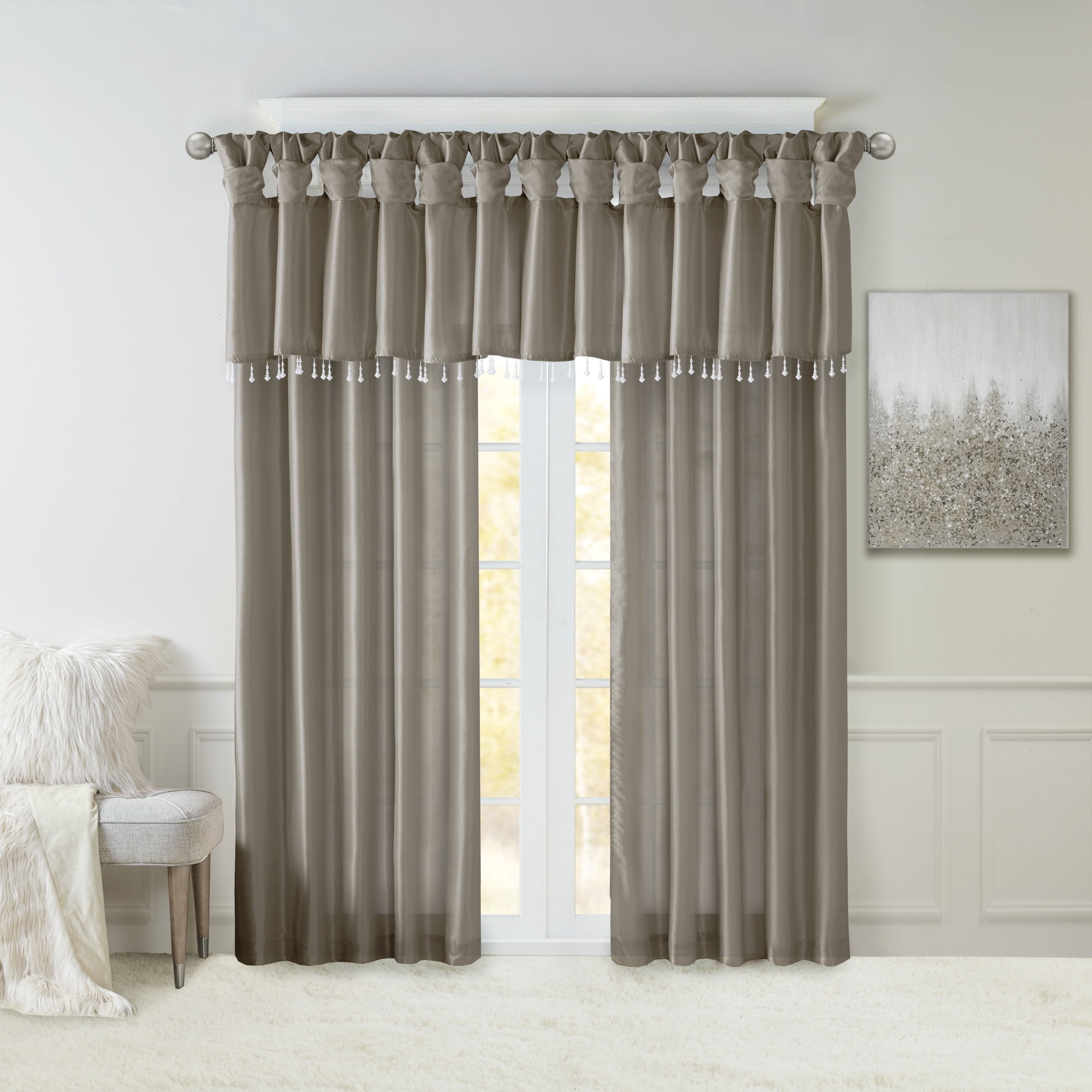 MAYEERTY 50x26" Lightweight Faux Silk Valance - With Beads, Pewter