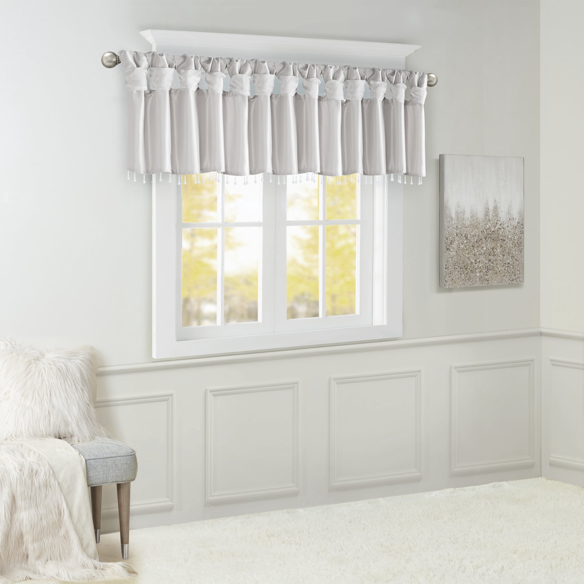 MAYEERTY 50x26" Lightweight Faux Silk Valance With Beads Silver
