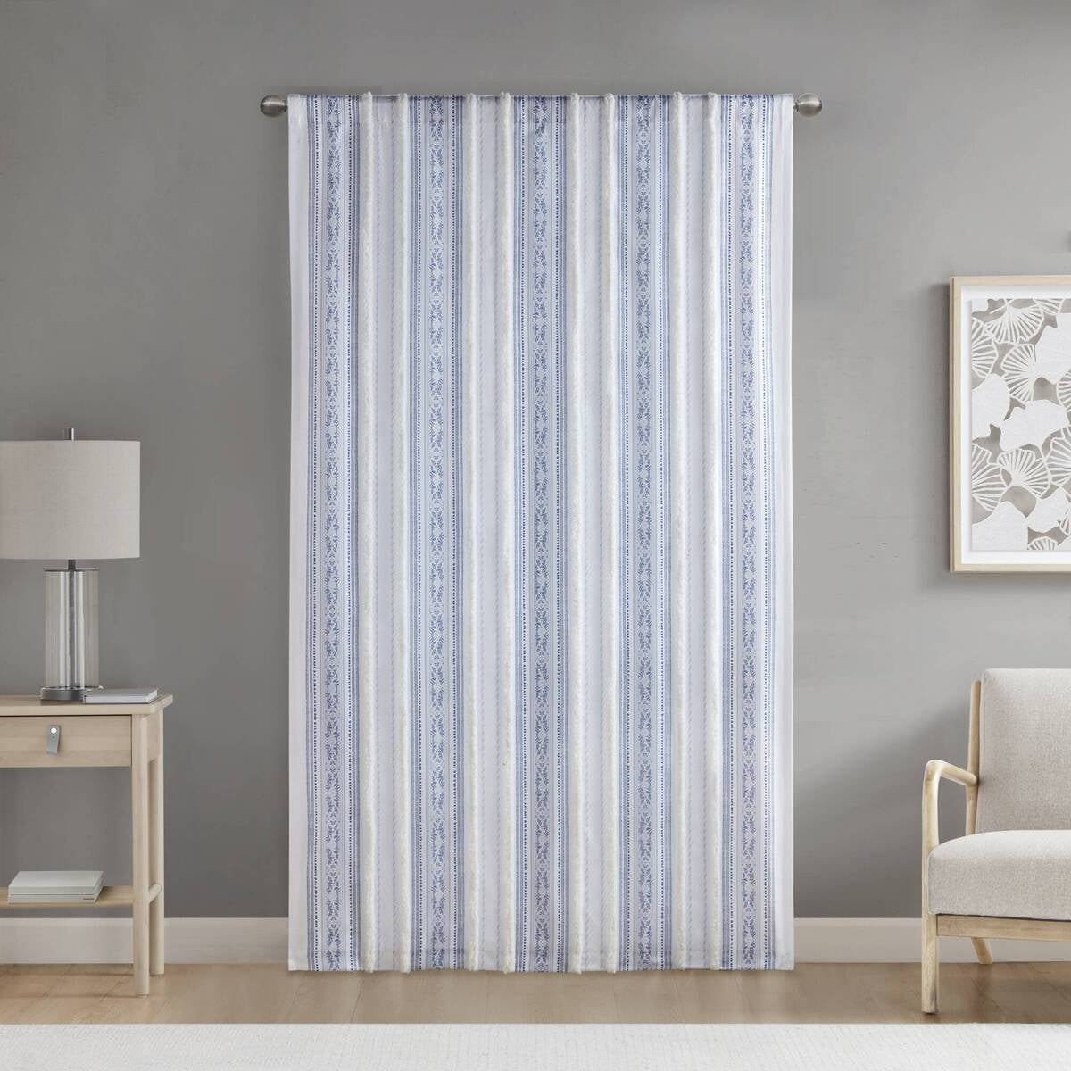 MAYEERTY 50x95" Poly Printed Curtain Panel - Tufted Stripe Lining, White/Navy